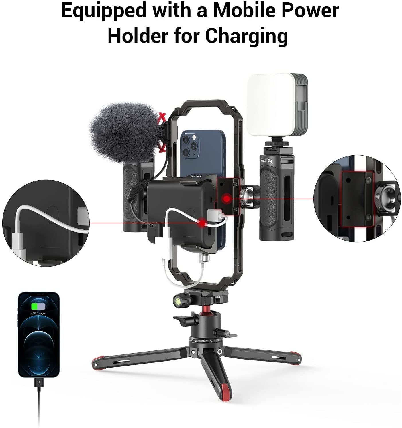 Smallrig Universal Phone Video Rig Kit for Iphone, Smartphone and Cameras, Phone Stabilizer Rig W/Tripod Microphone LED Light Side Handle Power Bank Holderm, for Vlogging & Live Streaming - 3384B  SmallRig   