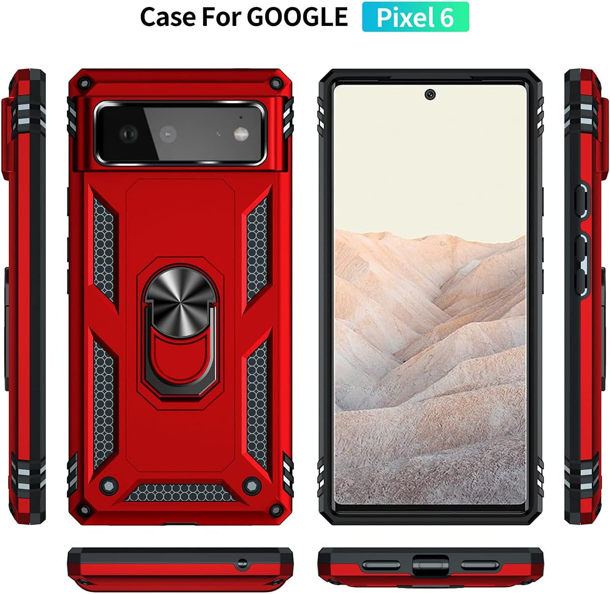 Androgate Designed for Google Pixel 6 Case with HD Screen Protectors, Military-Grade Metal Ring Holder Kickstand 15Ft Drop Tested Shockproof Cover Case for Pixel 6 Red  Androgate   