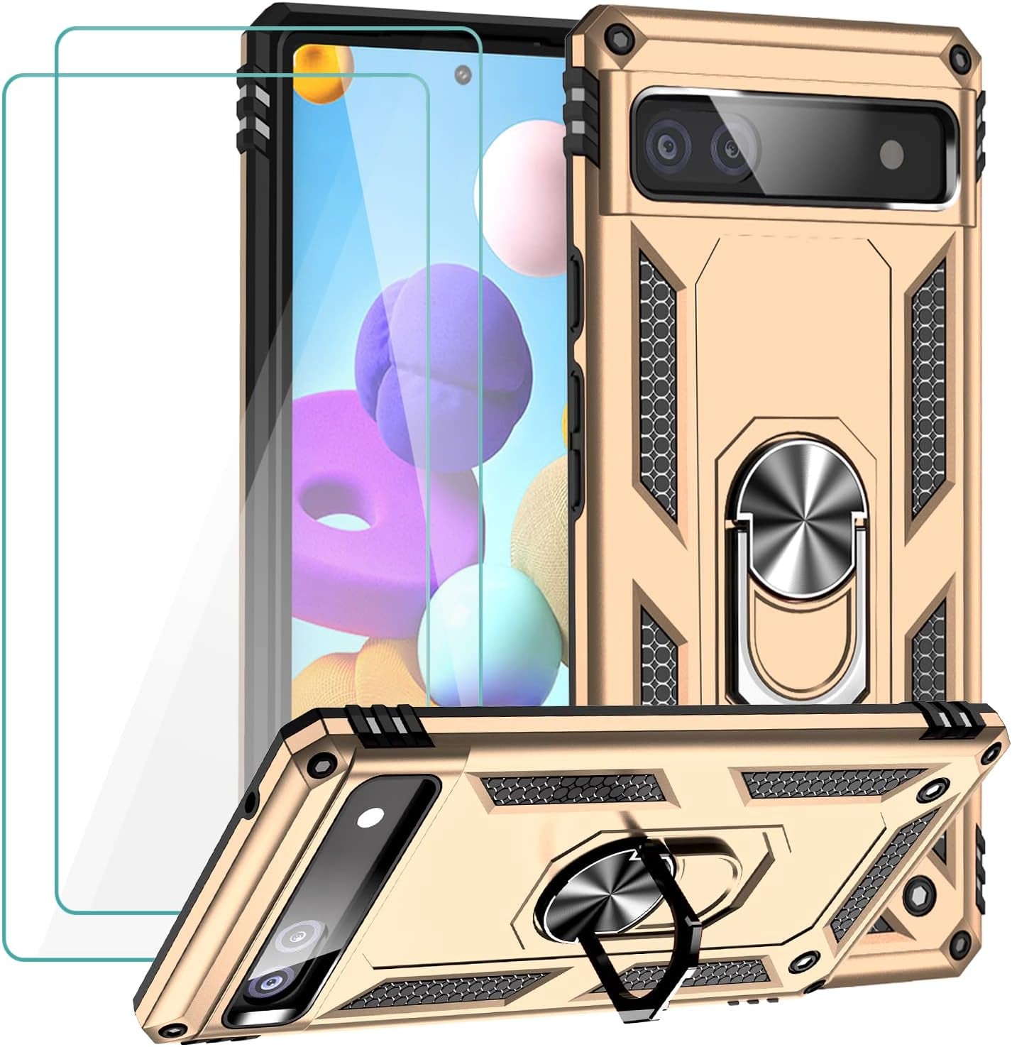 Muntinfe for Google Pixel 6A Case with Tempered Glass Screen Protector [2 Pack], Military-Grade Armor Shockproof Protective Phone Cover with Ring Magnetic Kickstand for Pixel 6A, Black  CAROL Gold  