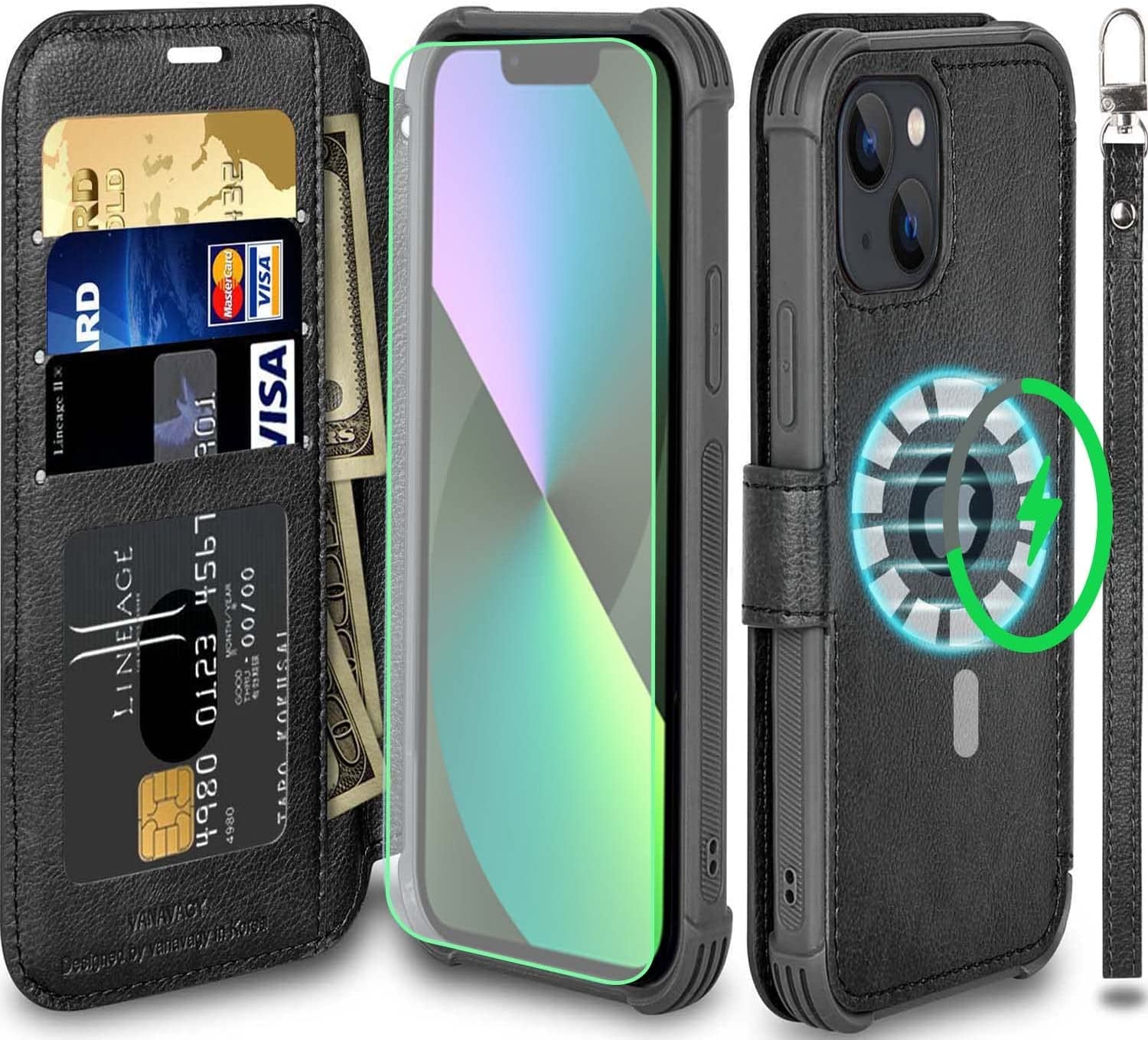 VANAVAGY Iphone 13 Mini Wallet Case Magsafe,Leather Flip Folio Phone Cover Supports Magsafe and Wireless Charging with RFID Block Card Holder and Wrist Strap,Forest Green  VANAVAGY Black  