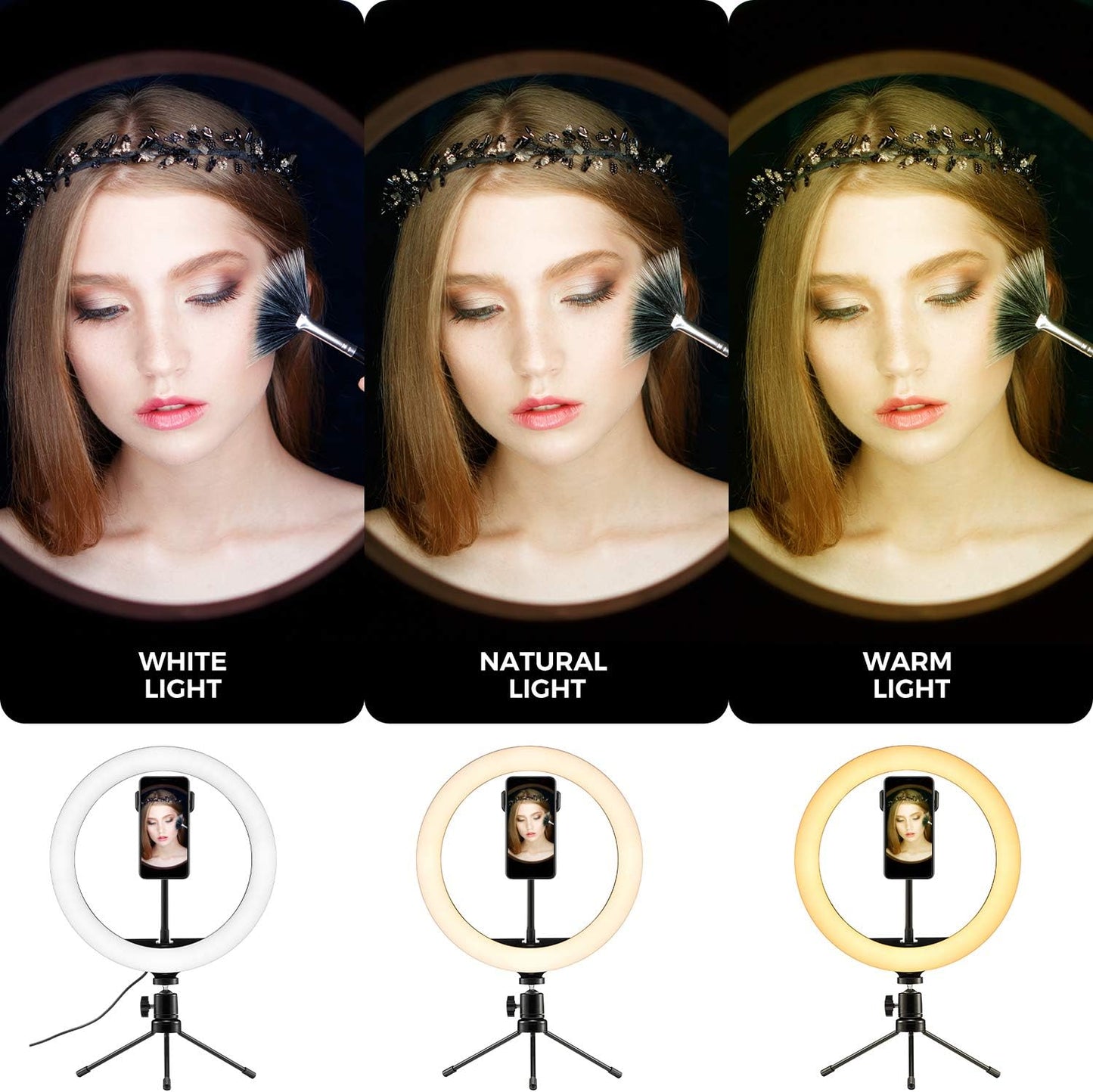 Selfie Ring Light 10" with Tripod Stand and Phone Holder Portable Desk Makeup LED Ring Light with 3 Lighting Colors and 10 Brightness for Photography/Makeup/Video/Live Streaming  Evanee   