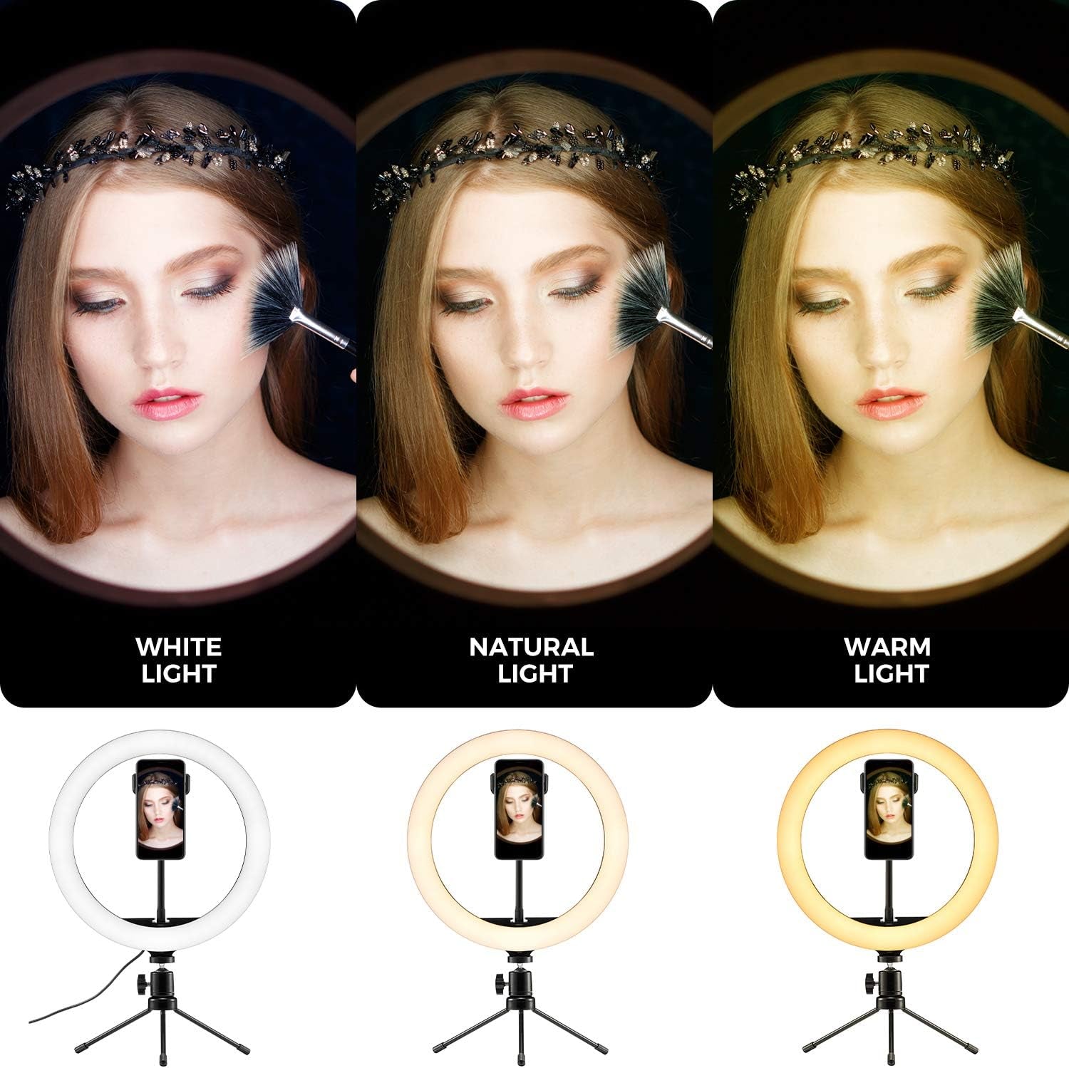 Selfie Ring Light 10" with Tripod Stand and Phone Holder Portable Desk Makeup LED Ring Light with 3 Lighting Colors and 10 Brightness for Photography/Makeup/Video/Live Streaming  Evanee   