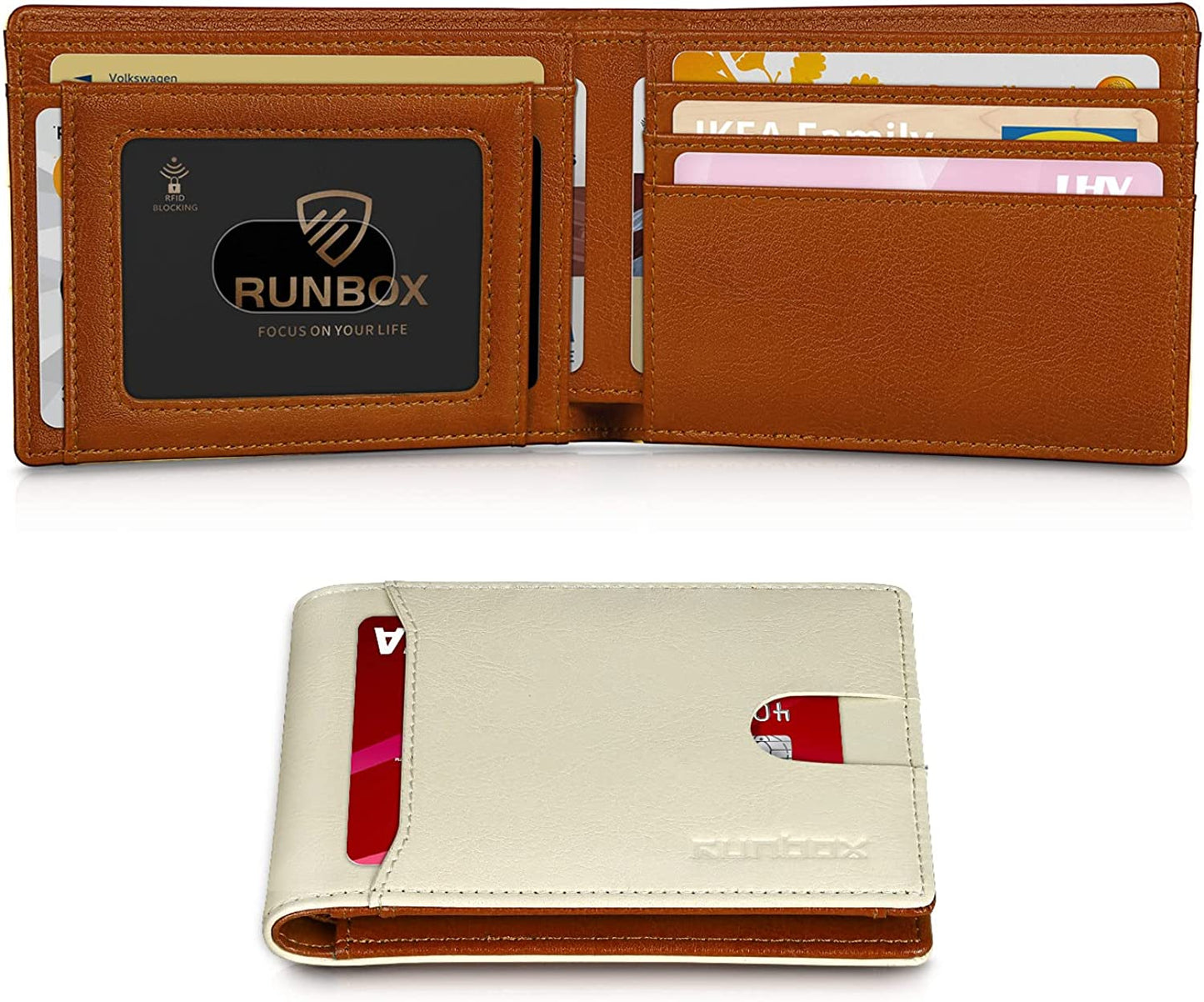 RUNBOX Bifold Slim Wallet for Men - Rfid Blocking Leather Front Pocket Men'S Wallet with Gift Box  RUNBOX oil white&brown  