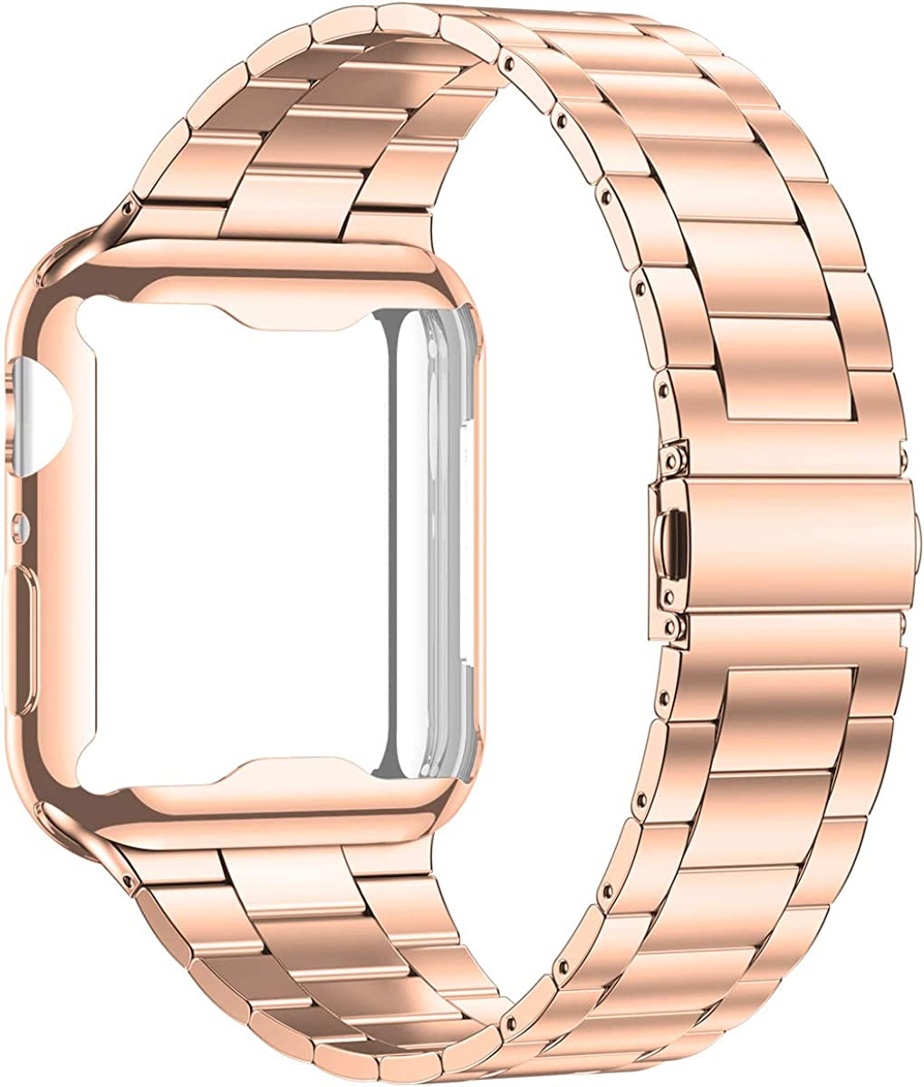 Wolait Compatible with Apple Watch Band 42Mm 44Mm 45Mm 49Mm 38Mm 40Mm 41Mm with Case, Upgraded Business Stainless Steel Band with Screen Protector Cover for Iwatch Series 8/7/6/SE Series 5/4/3/2/1  Wolait Rose Gold 38mm 