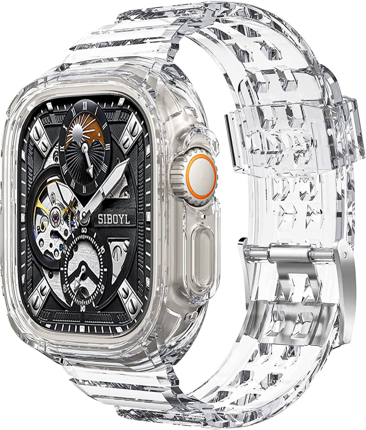 3 in 1 Rugged Band and Bumper Case with Screen Protector for Apple Watch Ultra Band 49Mm, Tempered Glass Film, Shockproof Protective Band for Men, Metal Clasp Sport Armor Band for Iwatch Ultra-Black  BuPa Clear-Double Tongue Buckle 49mm 