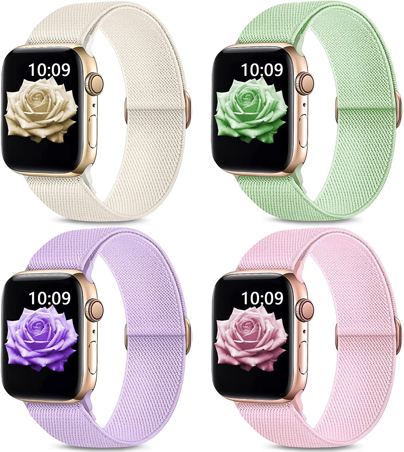 Stretchy Nylon Bands Compatible with Apple Watch Band 38Mm 40Mm 41Mm 42Mm 44Mm 45Mm 49Mm for Women Men, Elastic Solo Loop Adjustable Sport Braided Strap for Iwatch Series 8 7 SE 6 5 4 3 2 1,4 Packs  Sunnywoo Starlight/Baby Pink/Light Green/Lavender 42/44/45/49mm 