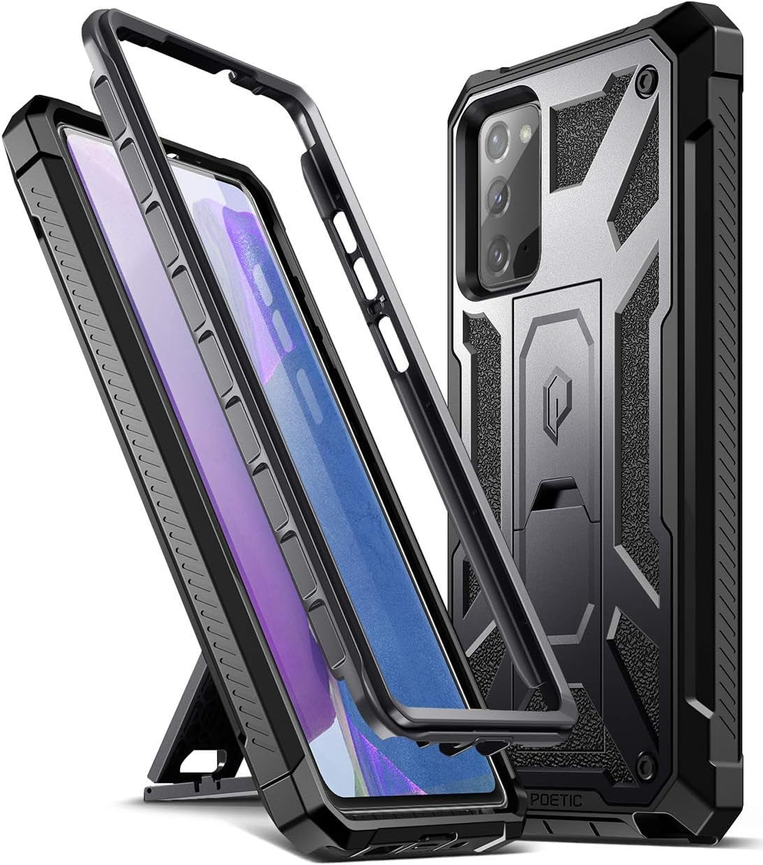 Poetic Spartan Series for Samsung Galaxy Note 20 Case, Full-Body Rugged Dual-Layer Metallic Color Accent with Premium Leather Texture Shockproof Protective Cover with Kickstand, Metallic Green  Poetic Gun Metal  