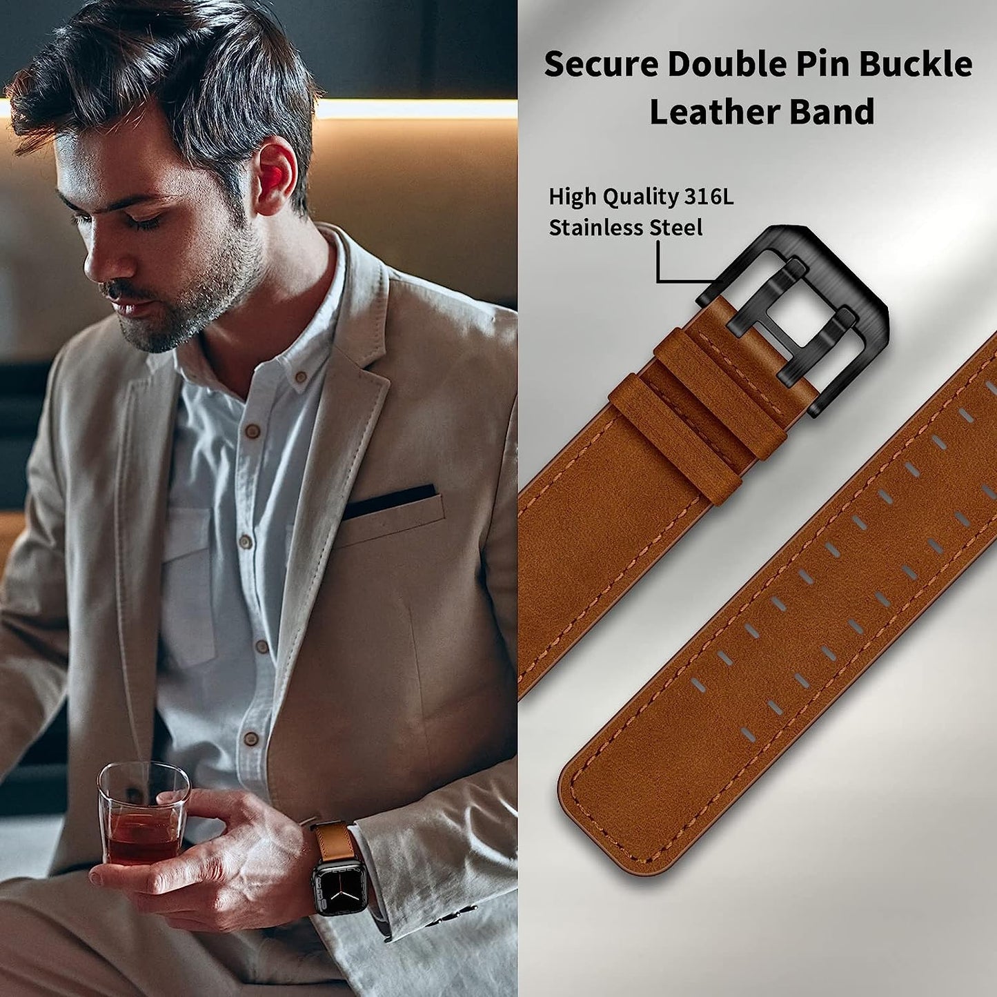 OUHENG Leather Bands Compatible with Apple Watch Band 49Mm 45Mm 44Mm 42Mm, Genuine Leather Replacement Band Strap Wristband for Iwatch Ultra Series 8 7 6 5 4 3 2 1 SE2 SE Men Women, Retro Brown/Black  OUHENG   