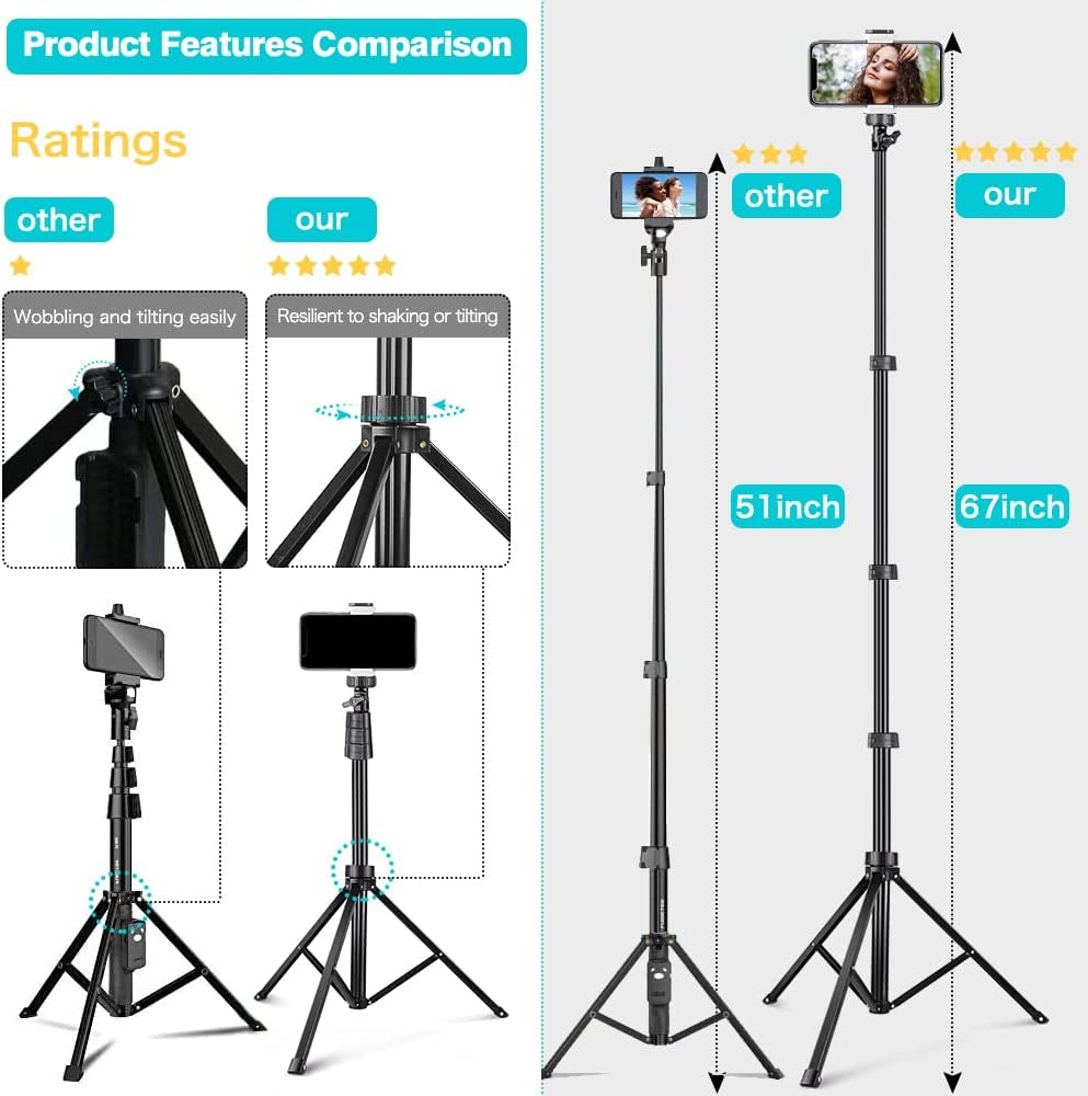 Ubeesize 67" Phone Tripod&Selfie Stick, Camera Tripod Stand with Wireless Remote and Phone Holder, Perfect for Selfies/Video Recording/Live Streaming  UBeesize   