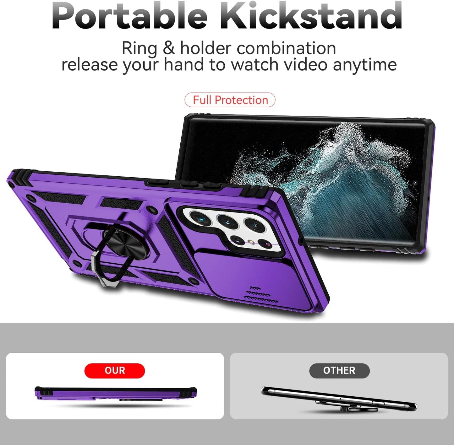 For Samsung Galaxy S22 Ultra Case with Camera Lens Cover HD Screen Protector, Military-Grade Drop Tested Magnetic Ring Holder Kickstand Protective Phone Case for Samsung Galaxy S22 Ultra 5G (Purple)  JINZHI Inc   