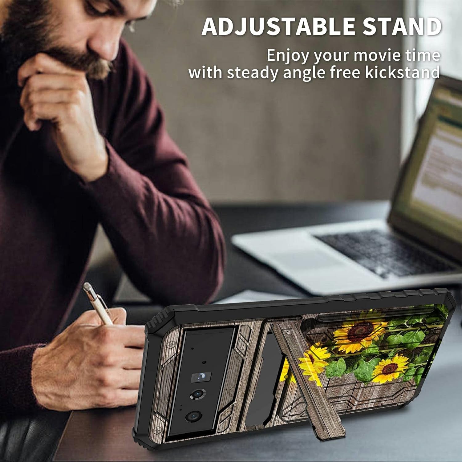 Case for Goole Pixel 6 Pro with Detachable Card Holder Slot Kickstand Hybrid Dual Layer Heavy Duty Shockproof Cover Hidden ID Cash Credit Wallet Case for Google Pixel 6 Pro 5G, Plank Sunflower  BVDIKMI   