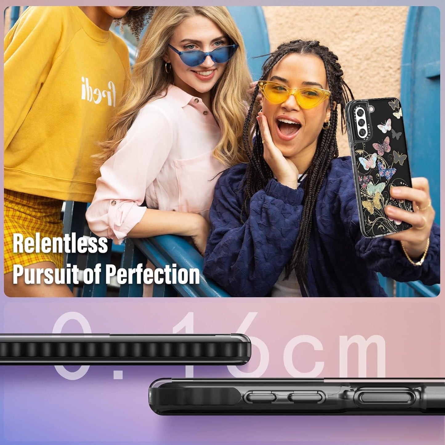 Toycamp for Samsung Galaxy S22 Case for Women, Colorful Butterfly Cute Girly Print Design for Girls Teens Case with Ring Kickstand (6.1 Inch), Black  Toycamp   