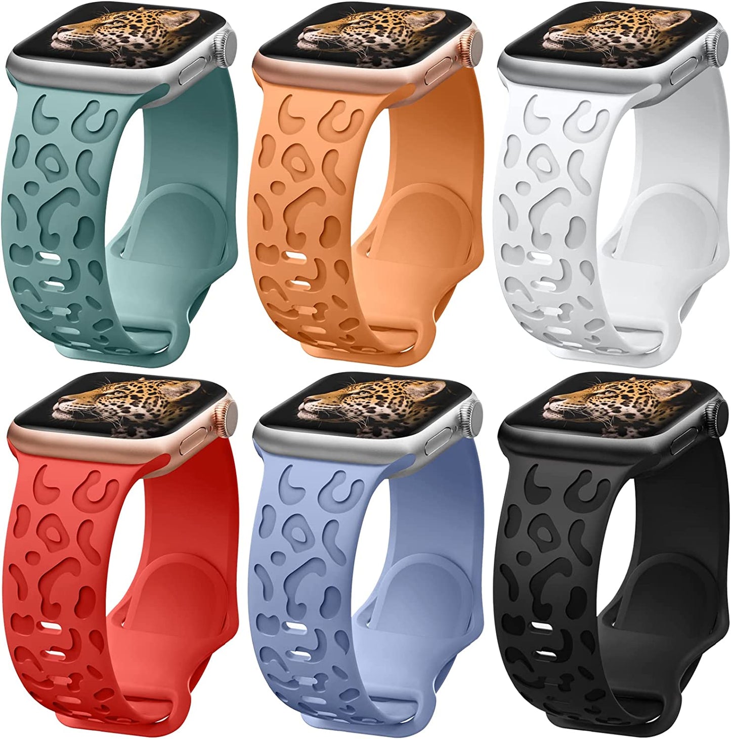 6 Pack Leopard Engraved Band Compatible with Apple Watch Band 38Mm 44Mm 45Mm 49Mm, Waterproof Cheetah Sport Silicone Wristbands Replacement for Iwatch Series 8 7 6 5 4 3 2 SE for Women Starlight-42  TurnForY C-Pine Green/Calendula/White/Red/Light Blue/Black 42mm/44mm/45mm/49mm 