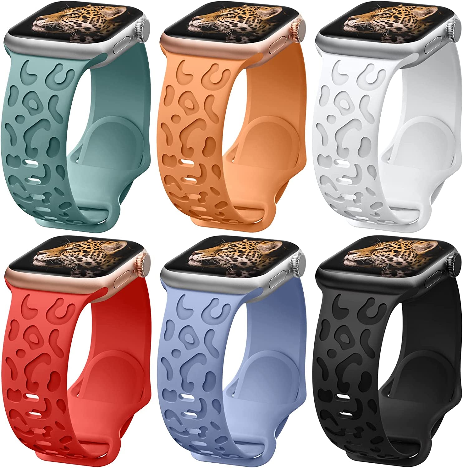 6 Pack Leopard Engraved Band Compatible with Apple Watch Band 38Mm 44Mm 45Mm 49Mm, Waterproof Cheetah Sport Silicone Wristbands Replacement for Iwatch Series 8 7 6 5 4 3 2 SE for Women Starlight-42  TurnForY C-Pine Green/Calendula/White/Red/Light Blue/Black 42mm/44mm/45mm/49mm 