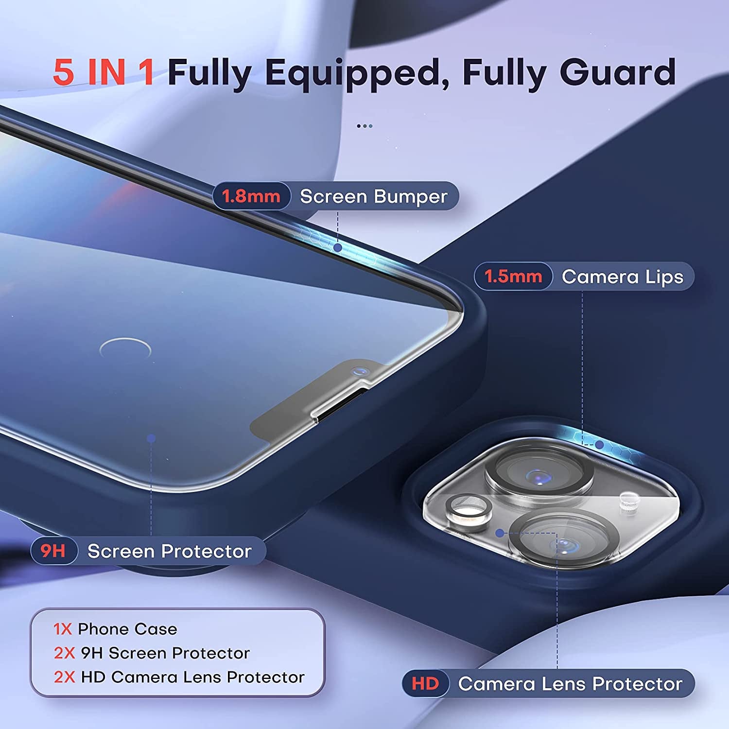 TOCOL [5 in 1 Designed for Iphone 14 Case, with 2 Pack Screen Protector + 2 Pack Camera Lens Protector, Liquid Silicone Phone Case 6.1 Inch, [Anti-Scratch] [Drop Protection], Blue  TOCOL   