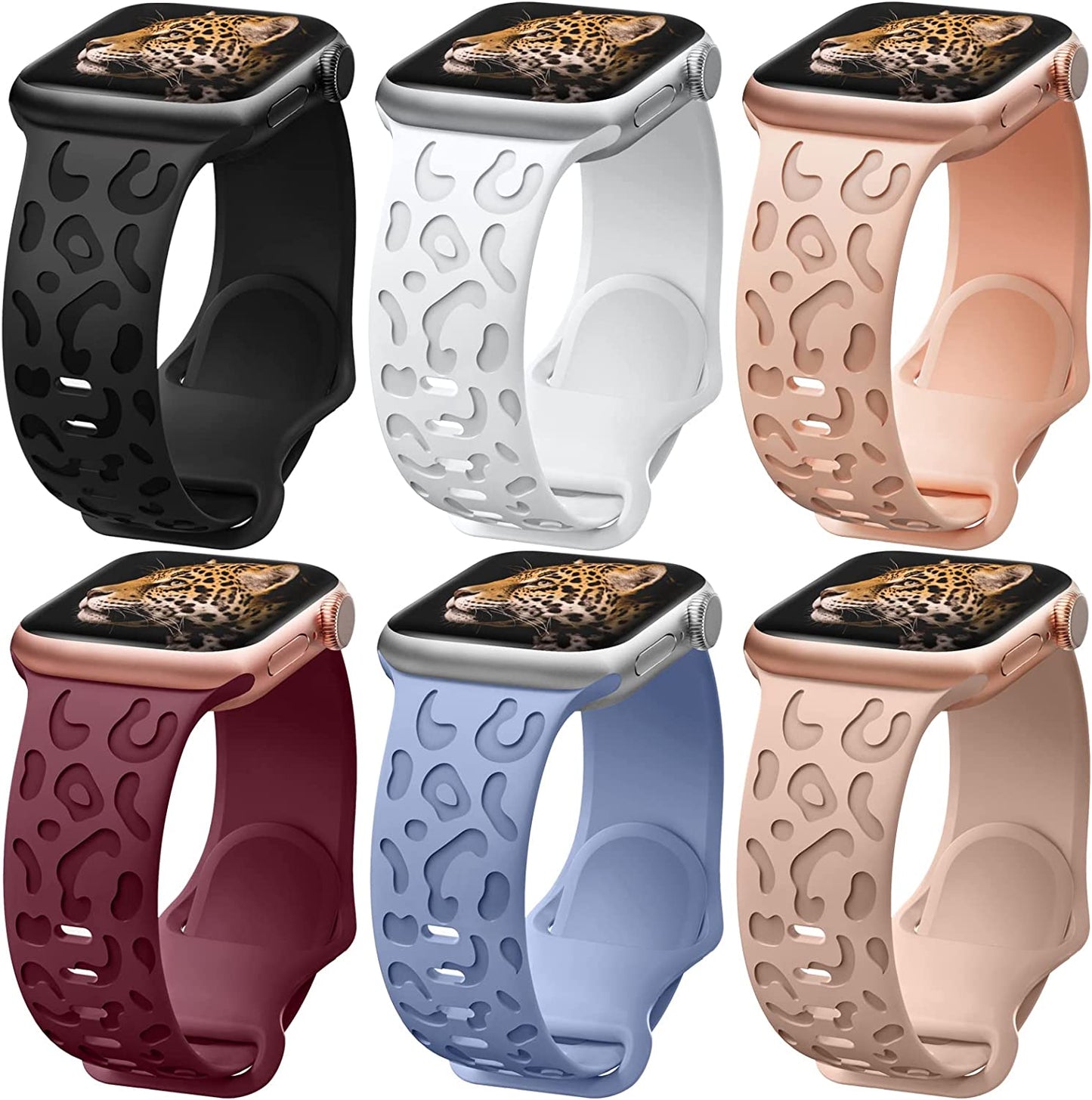 6 Pack Leopard Engraved Band Compatible with Apple Watch Band 38Mm 44Mm 45Mm 49Mm, Waterproof Cheetah Sport Silicone Wristbands Replacement for Iwatch Series 8 7 6 5 4 3 2 SE for Women Starlight-42  TurnForY B-Black/White/Pink Sand/Wine Red/Light Blue/MilkTea 42mm/44mm/45mm/49mm 