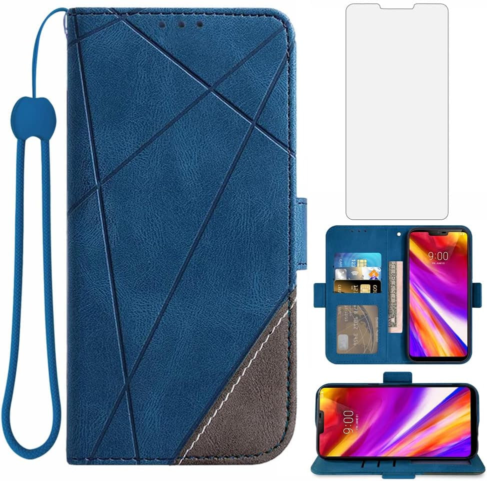 Asuwish Compatible with LG G7 Thinq Wallet Case and Tempered Glass Screen Protector Flip Cover Card Holder Cell Phone Cases for LGG7 One G 7 plus LG7 Fit Lg7Thinq 7G Thin Q G7+ G7Thinq Lgg7Thinq Black  Asuwish Blue  
