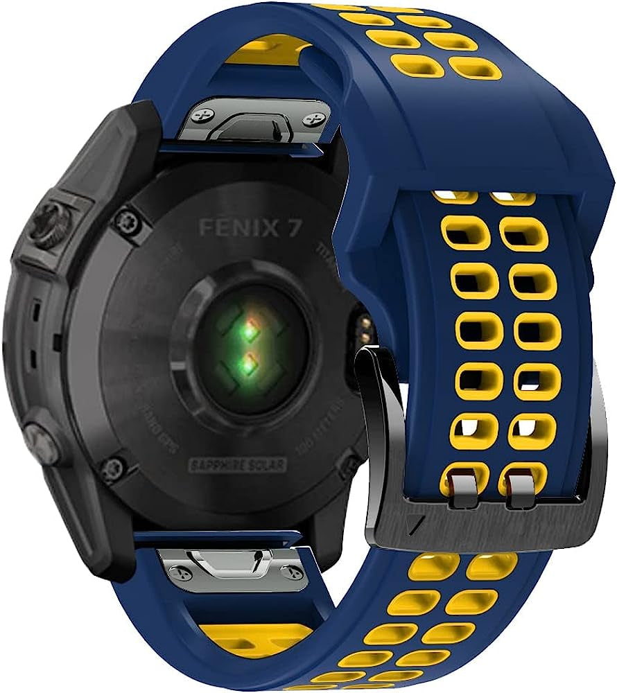 REYDA Silicone Band Compatible for Garmin Fenix 7/6/6 Pro/5/5 Plus, Soft Breathable Silicone Metal Bracelet Sport Wristband Replacement Band for Garmin Forerunner 935/945/955/965/Approach S60/S62  REYDA Dark Blue/Yellow  