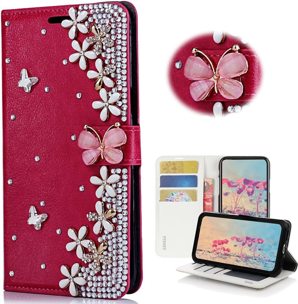 STENES LG G6 Case, LG G6 plus Case - STYLISH - 3D Handmade Bling Crystal S-Link Butterfly Floral Wallet Credit Card Slots Fold Stand Leather Cover Case for LG G6/LG G6 plus - Red  STENES Flowers Floral Butterfly / Red  