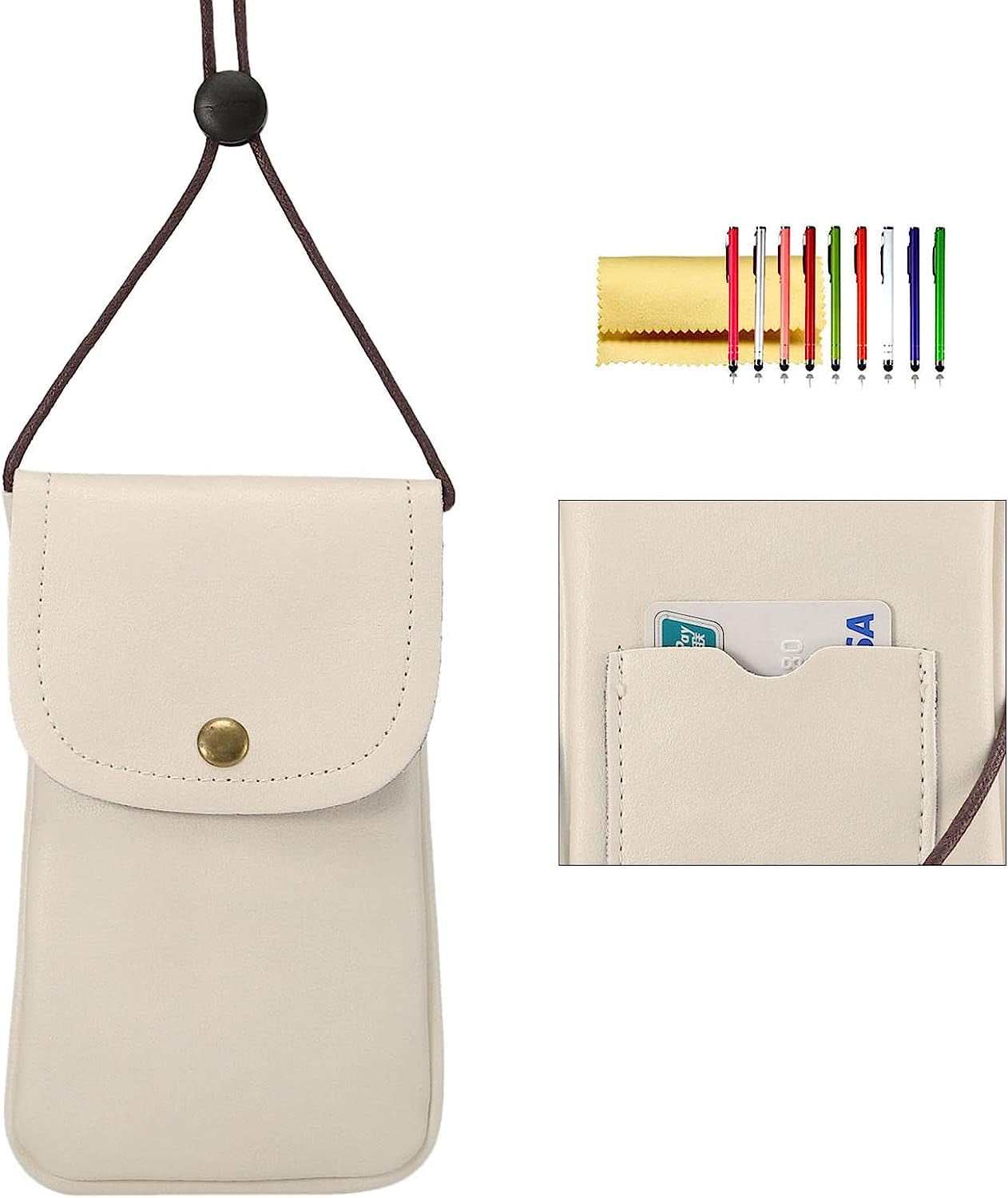 Cell Phone Neck Pouch, Techcircle PU Leather Carrying Bag with Credit Card Holder Adjustable Strap, Small Travel Purse for Iphone 11 XR XS Max SE 8 7 6 Plus, Galaxy S10 S7 Edge A10 J7, Moto G6 (Brown)  Techcircle 01 White  