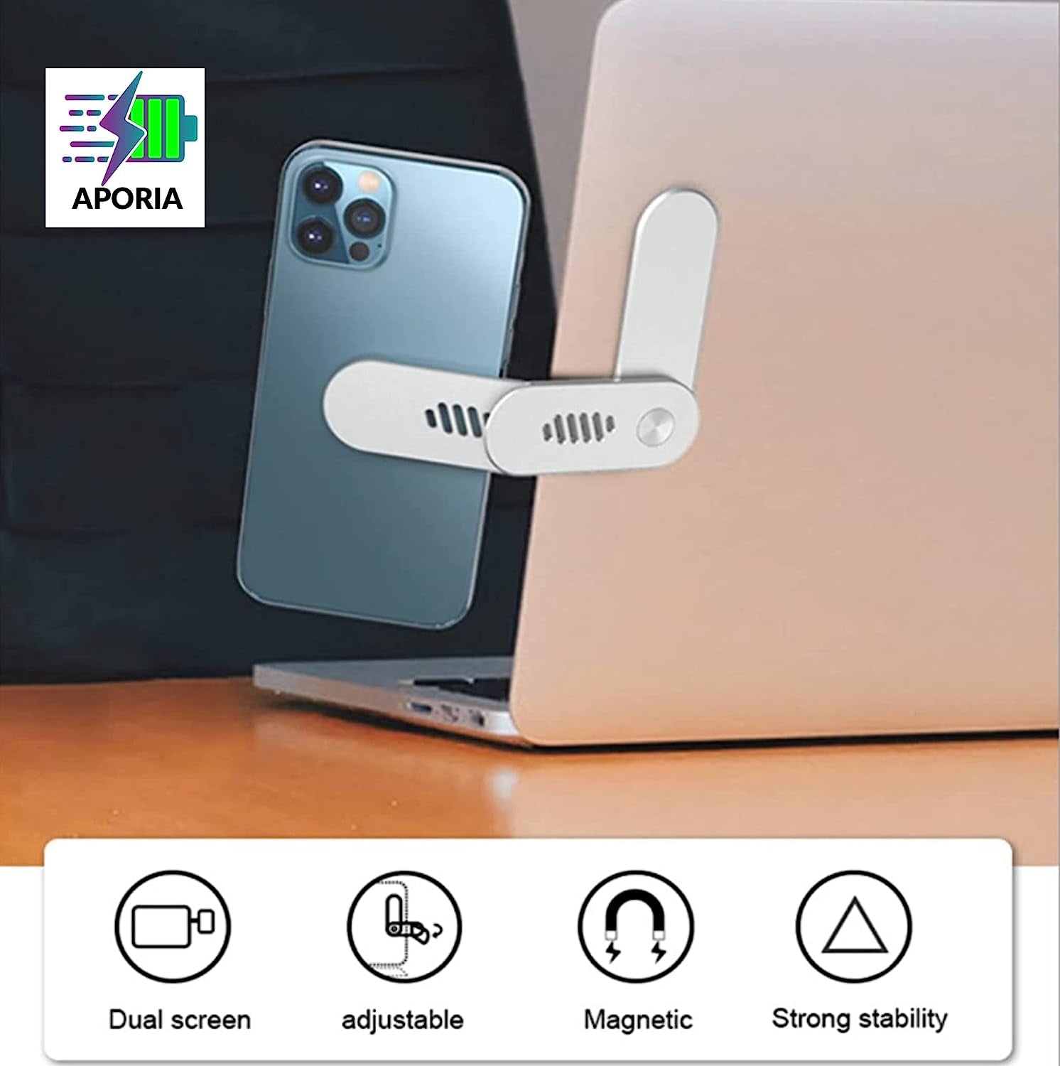 Aporia International Magnetic Cellphone Mount for Laptop, Foldable Lap Screen Side Phone Holder Extender Attach to Computer Monitor for Universal Smartphone - Rotating 180 Degree (Silver)  Aporia International   