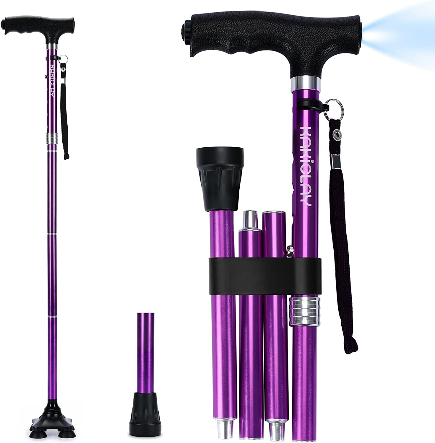 KAKICLAY Folding Walking Cane with LED Light for Women & Men, Foldable Adjustable Lightweight Aluminum Walking Stick for Seniors & Adults  KAKICLAY Purple  