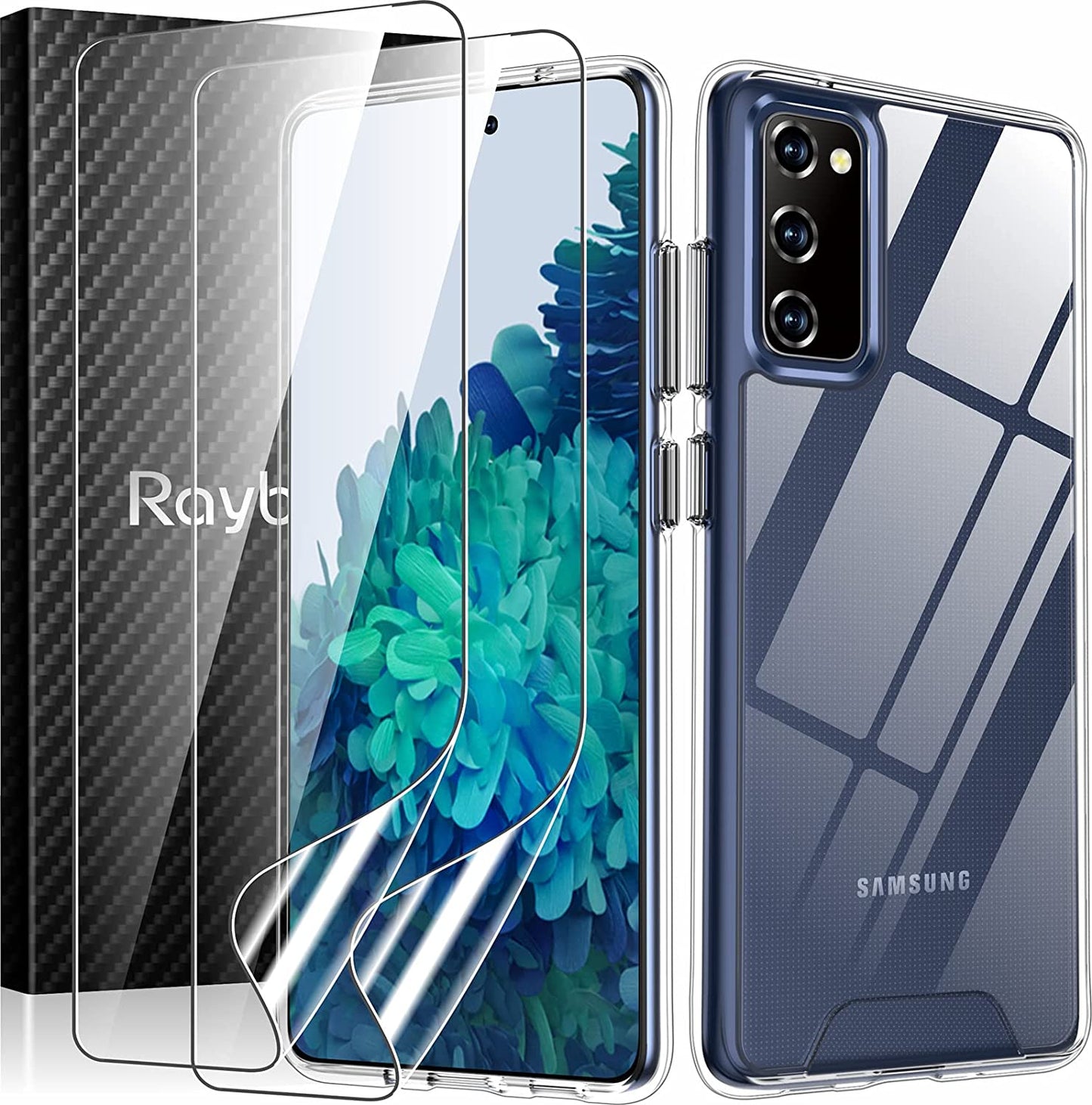 Rayboen Case for Samsung Galaxy S20 FE, Carbon Fiber Design [Military Grade Protection] Heavy Duty Shockproof Protective Case, Anti-Scratch Ultra Slim Cover for Galaxy S20 FE 5G, 6.5 Inch Black  Rayboen A- Clear Case+ 2Pack Screen Protector  