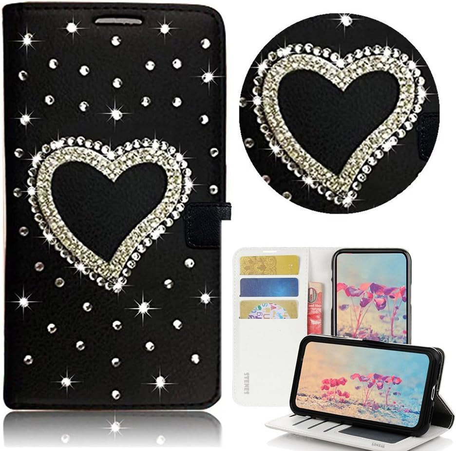STENES LG G6 Case, LG G6 plus Case - STYLISH - 3D Handmade Bling Crystal Fairy Design Wallet Credit Card Slots Fold Stand Leather Cover Case for LG G6/LG G6 plus - Black  STENES Heart / Black  