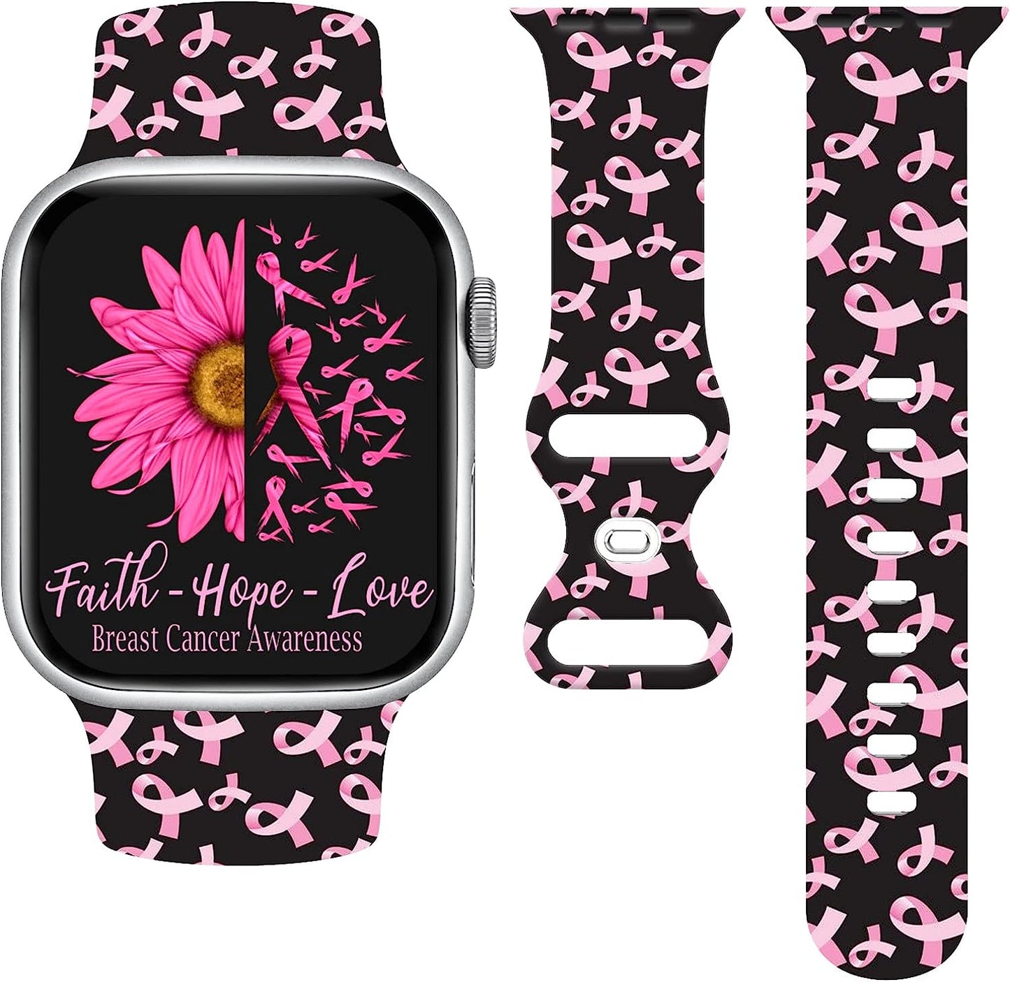 Breast Cancer Awareness Watch Band Compatible with Apple Watch 38Mm 40Mm 41Mm 42Mm 44Mm 45Mm, Pink Ribbon Silicone Fadeless Pattern Replacement Bands Wristbands Strap Compatible with All Iwatch Series  WANSENCE Black Breast 42mm/44mm/45mm 