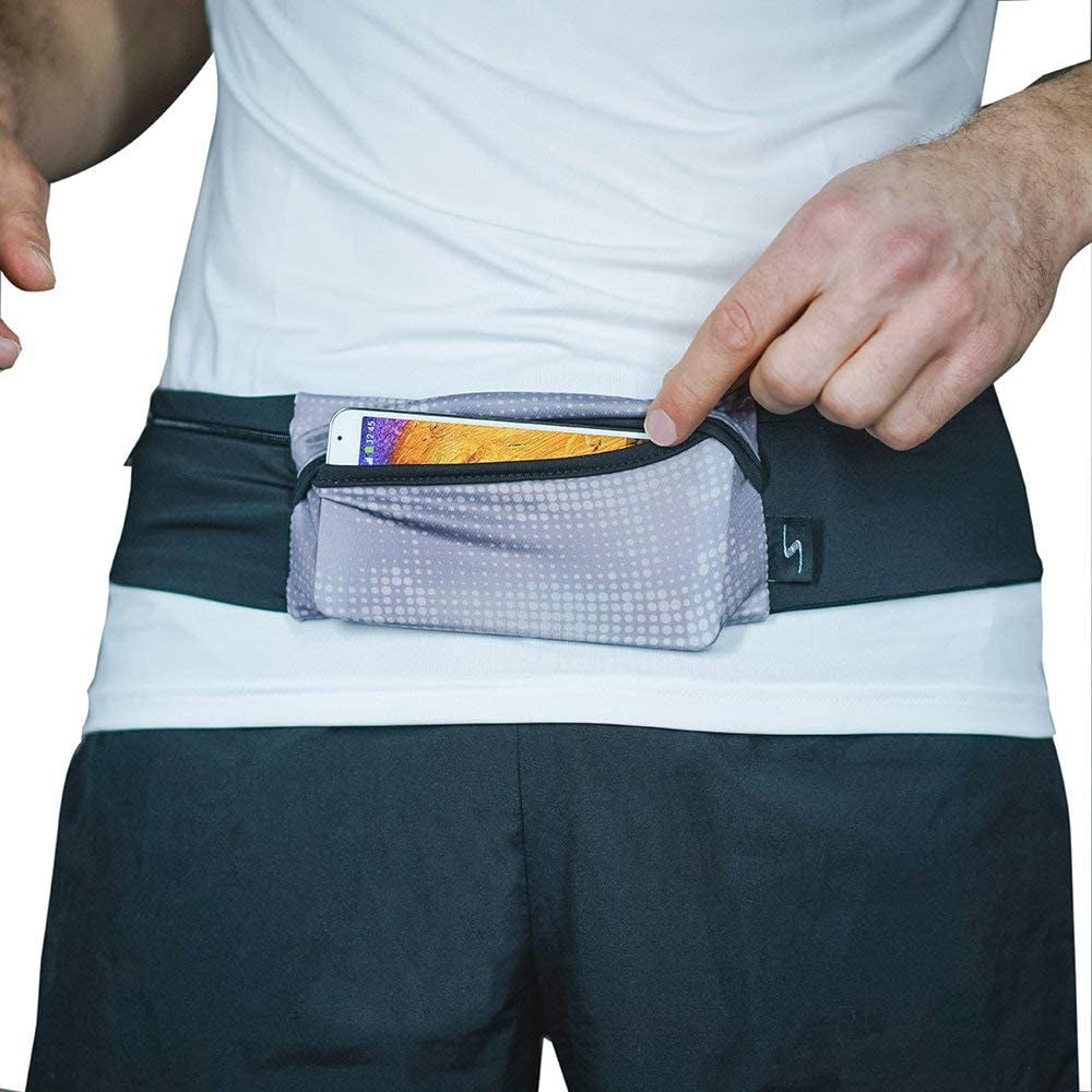 3 Pocket Adjustable Running Belt Waist Pack, Fanny Pack for Working Out with Sweat Resistant Backing, Holds All Iphone Models  Sprigs Gray Swell/Black Large/XL 