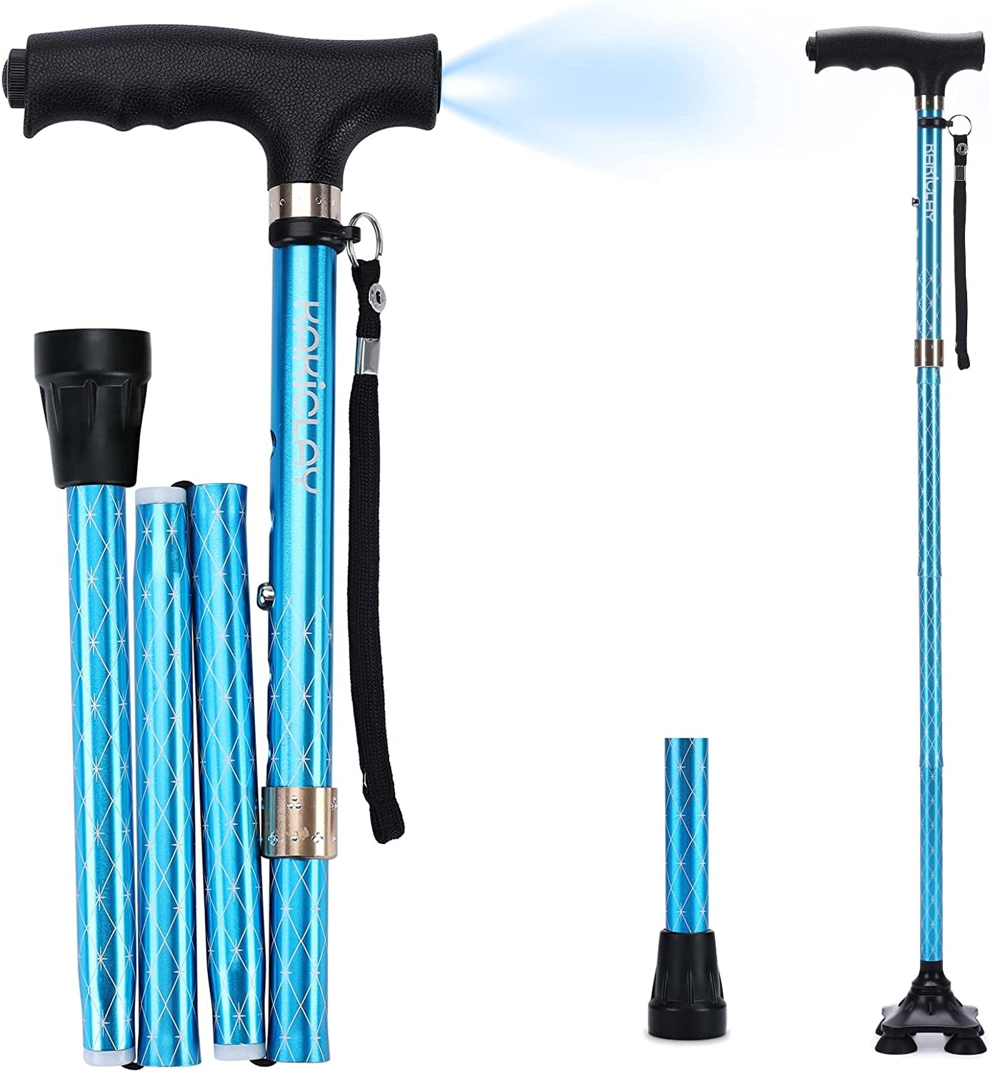 KAKICLAY Folding Walking Cane with LED Light for Women & Men, Foldable Adjustable Lightweight Aluminum Walking Stick for Seniors & Adults  KAKICLAY Argyle Blue  