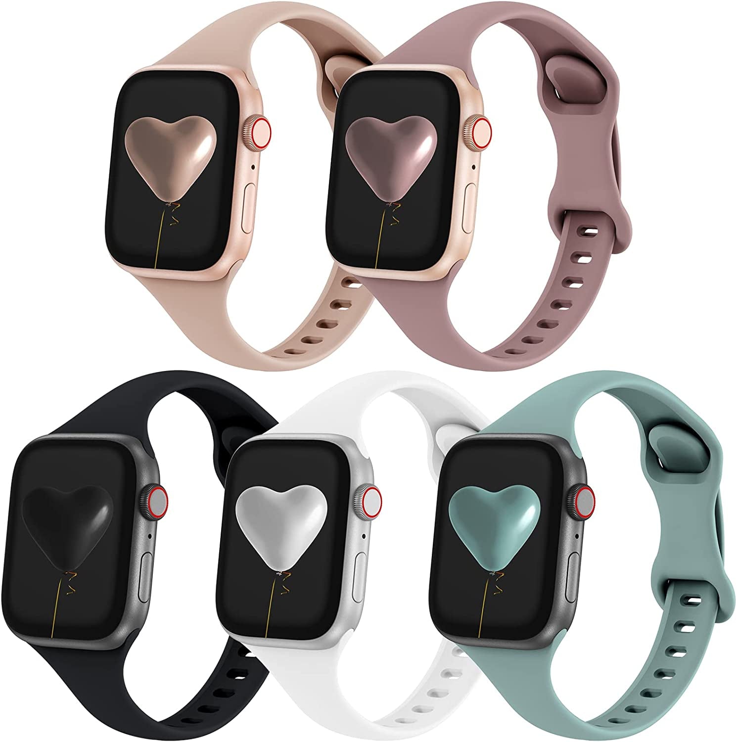 Qrose 5 Pack Bands Compatible with Apple Watch 38Mm 40Mm 41Mm 42Mm 44Mm 45Mm 49Mm, Slim Thin Narrow Replacement Silicone Sport Strap Wristbands for Iwatch Series Ultra 8/7/6/5/4/3/2/1 SE Women Men  QRose Milk Tea/Smoke Violet/Black/White/Cactus 38mm/40mm/41mm 