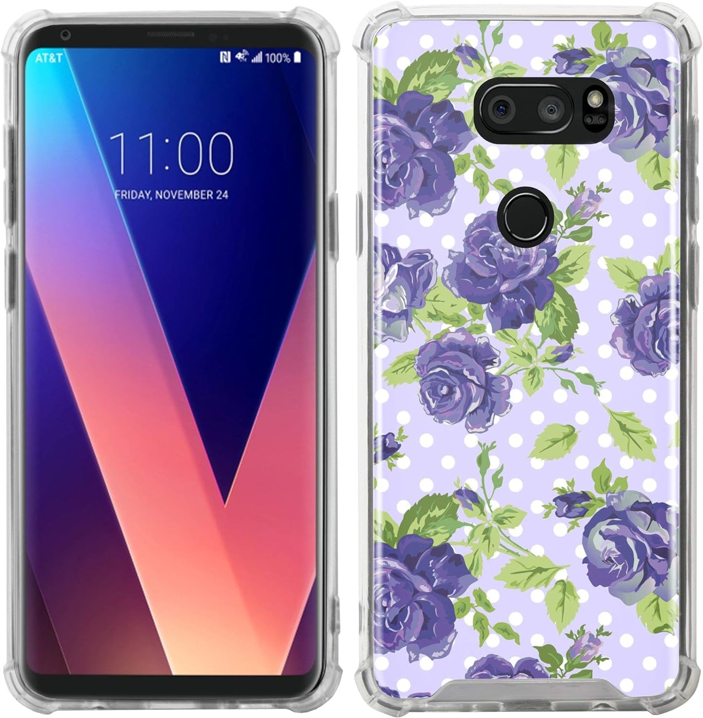 Casesondeck Slim Case Compatible with [LG V30S Thinq and LG V30] Transparent Hard Plastic Plate Soft TPU Guard Bumper (Purple Flowers)  CasesonDeck   
