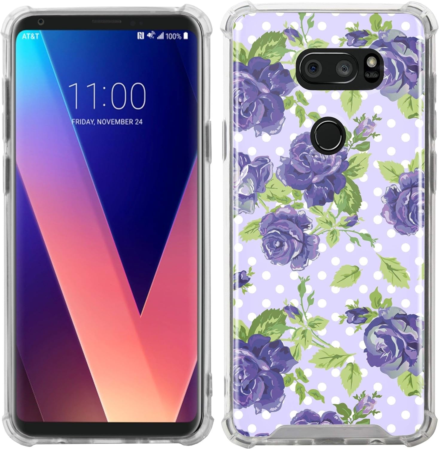 Casesondeck Slim Case Compatible with [LG V30S Thinq and LG V30] Transparent Hard Plastic Plate Soft TPU Guard Bumper (Purple Flowers)  CasesonDeck   