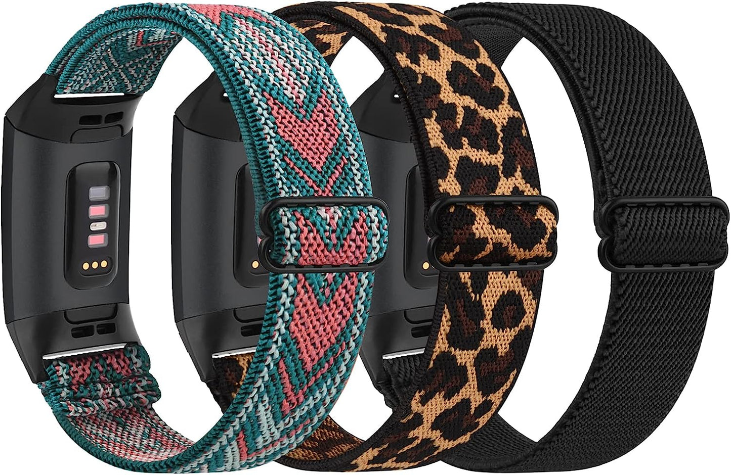 [3 Pack] Adjustable Elastic Bands Compatible with Fitbit Charge 4 / Charge 3 / Charge 4 SE Soft Stretchy Loop Bracelet Women Men Replacement Wristbands  Amzpas Black, Leopard, Green Arrow  