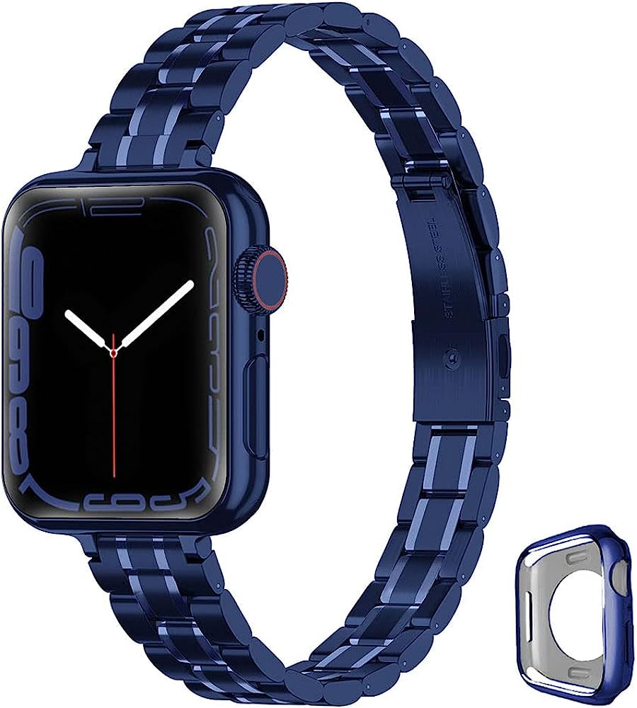 CSJCUBIC Metal Band Compatible with Apple Watch Band 38Mm 40Mm 41Mm 42Mm 44Mm 45Mm for Women, Slim and Thin Stainless Steel Replacement Adjustable Wristband for Iwatch Series 8/7/6/5/4/3/2/1/SE  CSJCUBIC Blue 42mm/44mm/45mm 