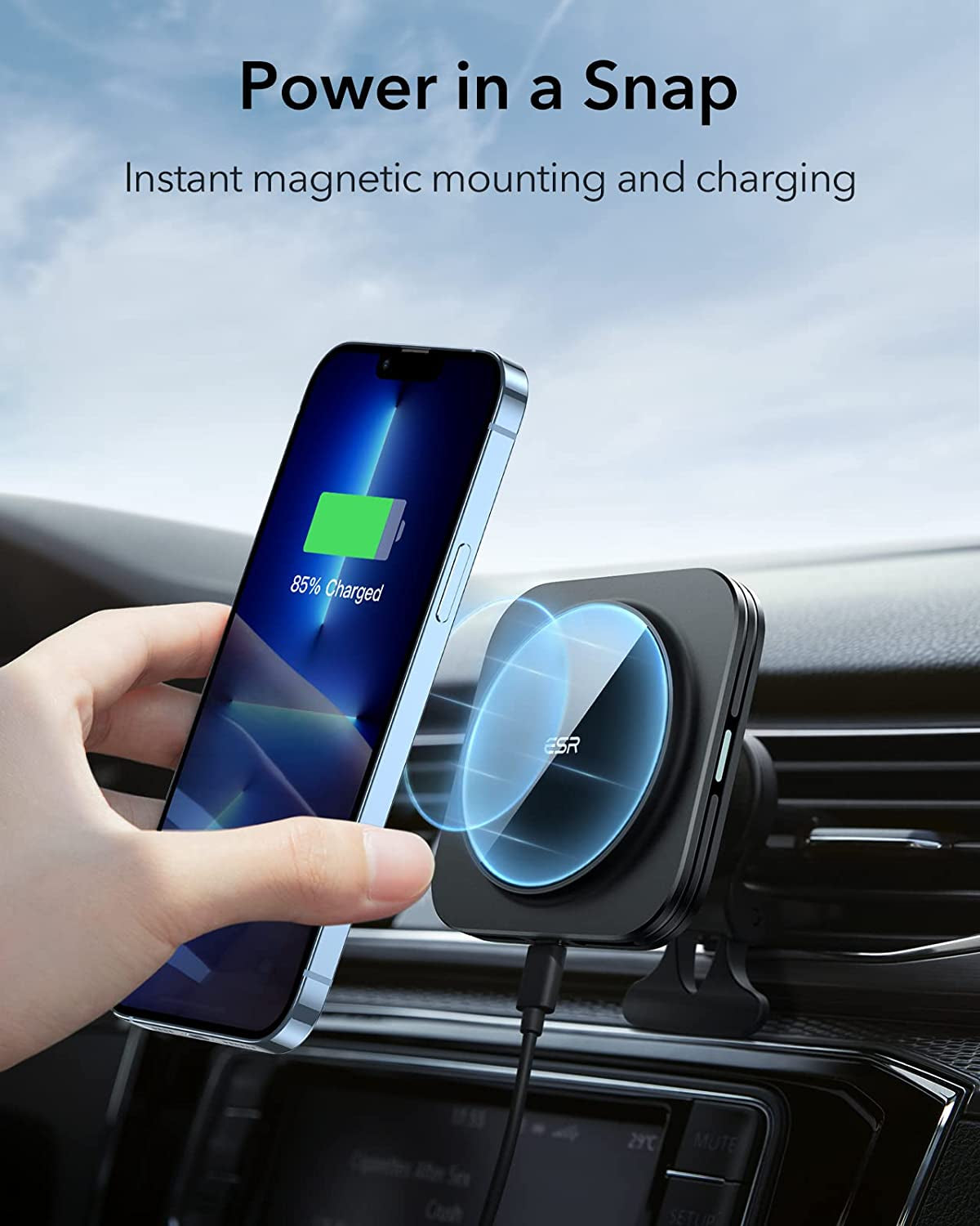 ESR Magnetic Wireless Car Mount Charger (Halolock), Compatible with Magsafe Car Charger, Air Vent Car Phone Holder for Iphone 14/13/12 Series, Car Accessories, Fast Charging, Strong Magnets, Black  Electronic Silk Road Corp   