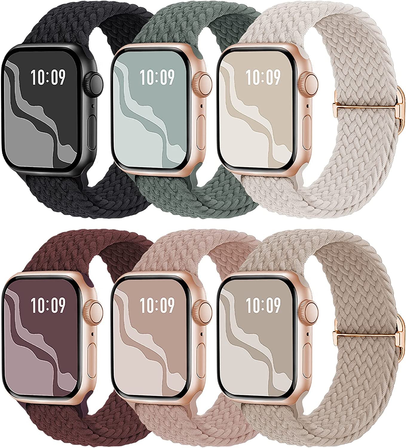 6 Pack Braided Solo Loop Compatible with Apple Watch Band 38Mm 40Mm 41Mm 42Mm 44Mm 45Mm 49Mm for Women Men, Stretchy Nylon Elastic Straps Wristbands for Iwatch Series Ultra SE 8 7 6 5 4 3 2 1  Suitisbest Black/Starlight/NudePink/Wine/Cactus/MilkTea 42/44/45/49mm 