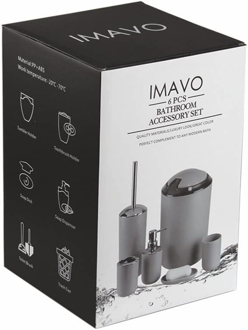 IMAVO Bathroom Accessories Set, 6-Piece Plastic Gift Set, Toothbrush Holder, Toothbrush Cup, Soap Dispenser, Soap Dish, Toilet Brush Holder, Trash Can (Grey)  IMAVO   