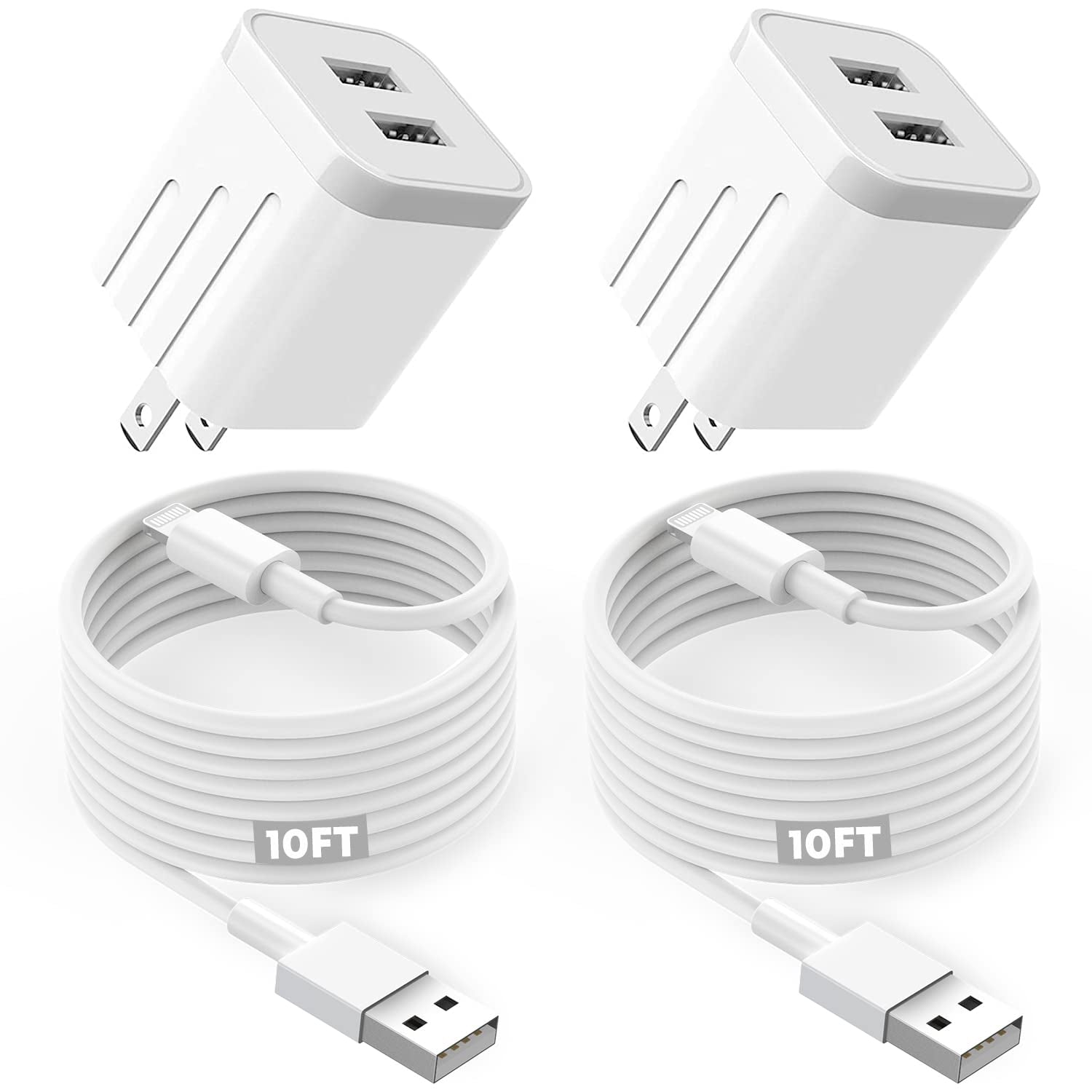 Iphone Fast Charger,Usb Wall Charger 2Pack[Apple Mfi Certified] Dual Port USB Wall Charger Block Plug with Long 6FT Fast Charging Lightning Cable Cord for Iphone 14 13 12 11 Pro Max XS X 8 7 plus Ipad  GOOD EVER TRADING LTD White 10ft 