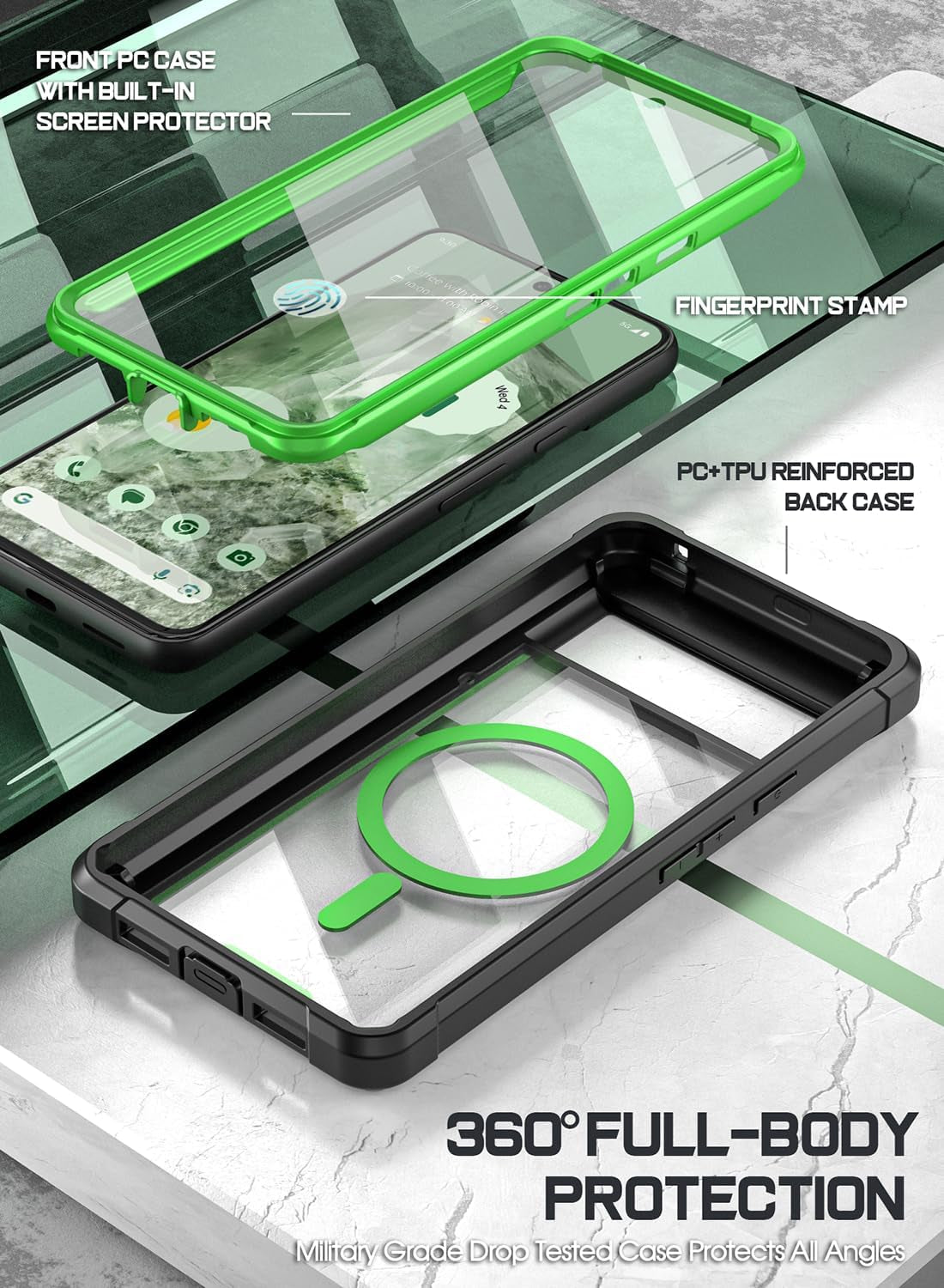 Poetic Guardian Magpro Case for Google Pixel 8 6.2 Inch, [Compatible with Magsafe] [20FT Mil-Grade Drop Tested], Full Body Hybrid Shockproof Bumper Cover with Built-In Screen Protector, Green/Clear  Poetic   