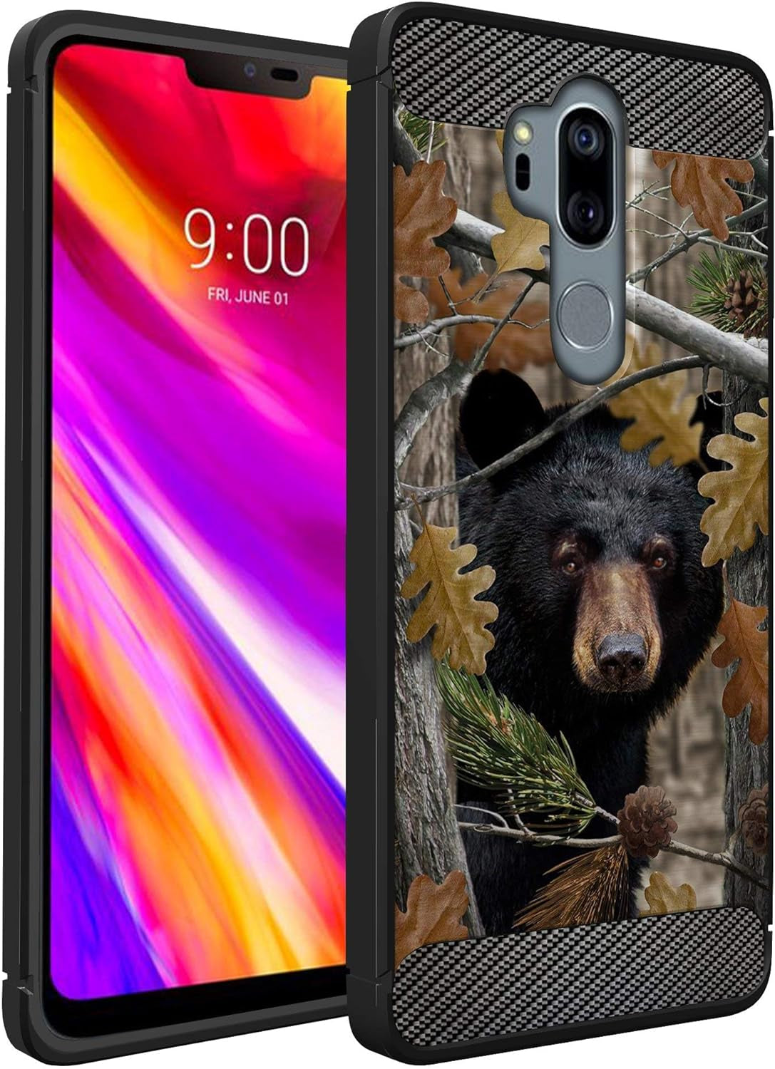 Casesondeck Bear Case Compatible with [LG G7 / LG G7 Thinq] Hunters Series Slim No Bulk Carbon Fiber Texture Black Flexible TPU Material (Bear Tree Camo)  CasesonDeck   