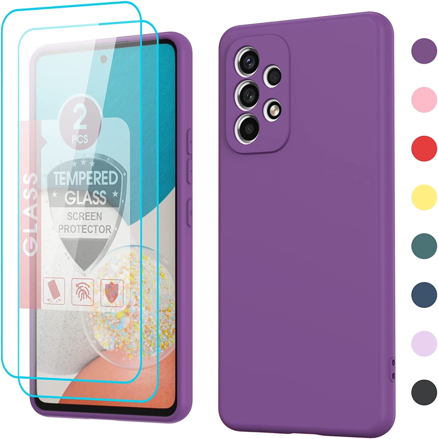 Leyi for Galaxy A53 Case, Case for Galaxy A53 5G with [2 Pack] Tempered Glass Screen Protector, Liquid Silicone Soft Microfiber Liner Cover Phone Case Samsung A53 5G, Orange  LeYi Red Purple  