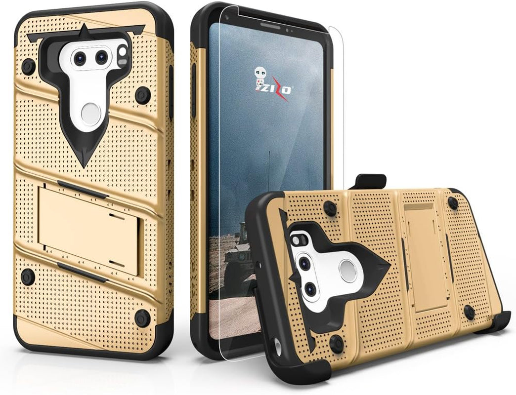 Zizo Bolt Series Compatible with LG V30 Case Military Grade Drop Tested with Tempered Glass Screen Protector, Holster LG V35 Thinq Case Gold Black  Zizo   