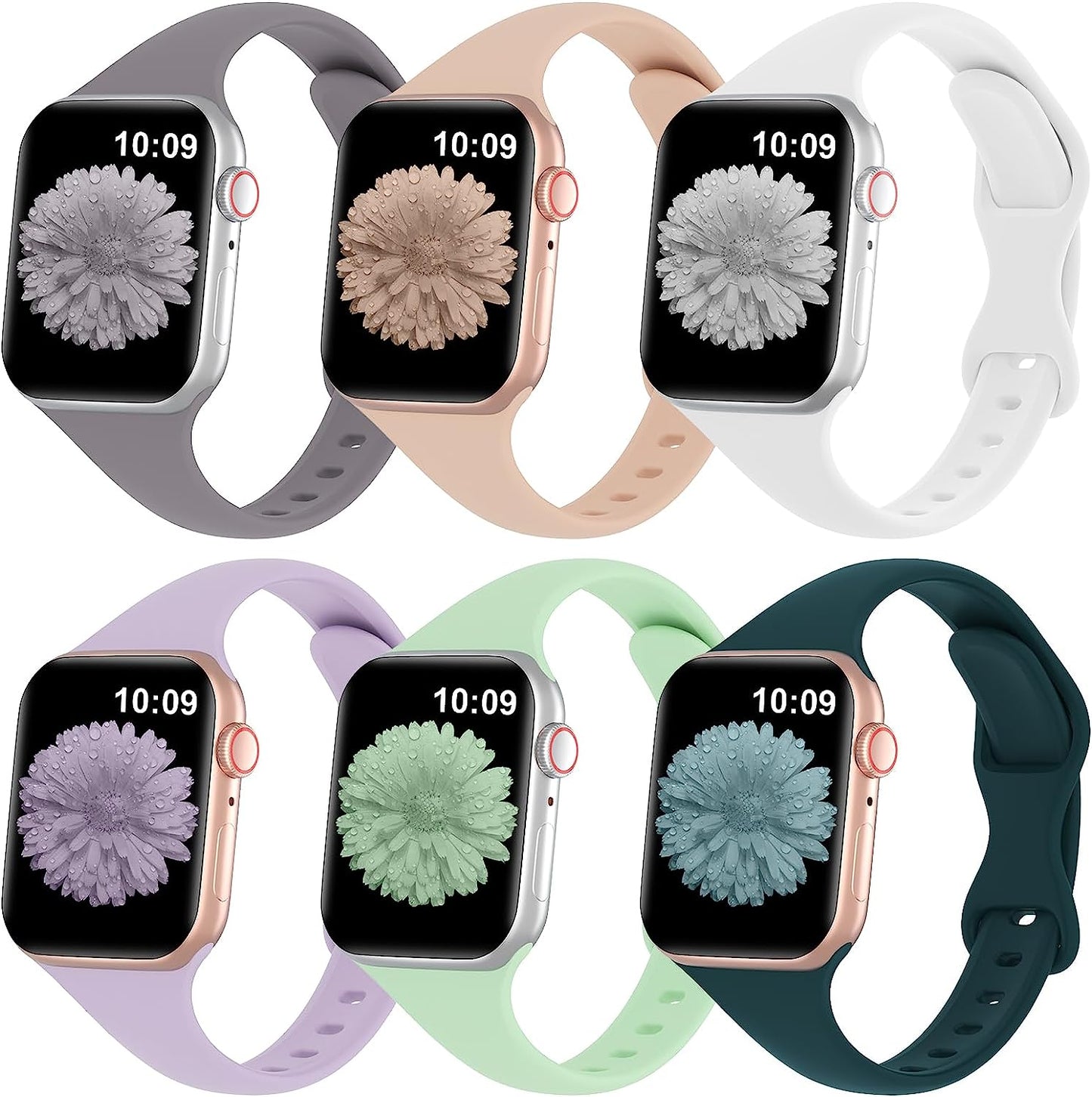 Slimband 6 Pack Slim Silicone Bands Compatible for Apple Watch Band 38Mm 40Mm 41Mm 42Mm 44Mm 45Mm 49Mm, Narrow Replacement Strap Thin Wristband for Iwatch Ultra Series 8/SE/7/6/5/4/3/2/1 Women Men  Slimband Coastal Grey/Milk Tea/White/Lavender/Pistachio/Dark Green 42mm/44mm/45mm/49mm 