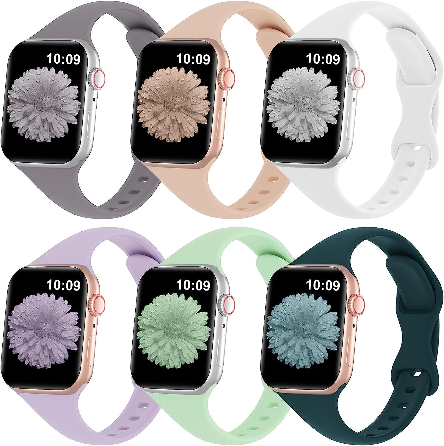 Slimband 6 Pack Slim Silicone Bands Compatible for Apple Watch Band 38Mm 40Mm 41Mm 42Mm 44Mm 45Mm 49Mm, Narrow Replacement Strap Thin Wristband for Iwatch Ultra Series 8/SE/7/6/5/4/3/2/1 Women Men  Slimband Coastal Grey/Milk Tea/White/Lavender/Pistachio/Dark Green 42mm/44mm/45mm/49mm 