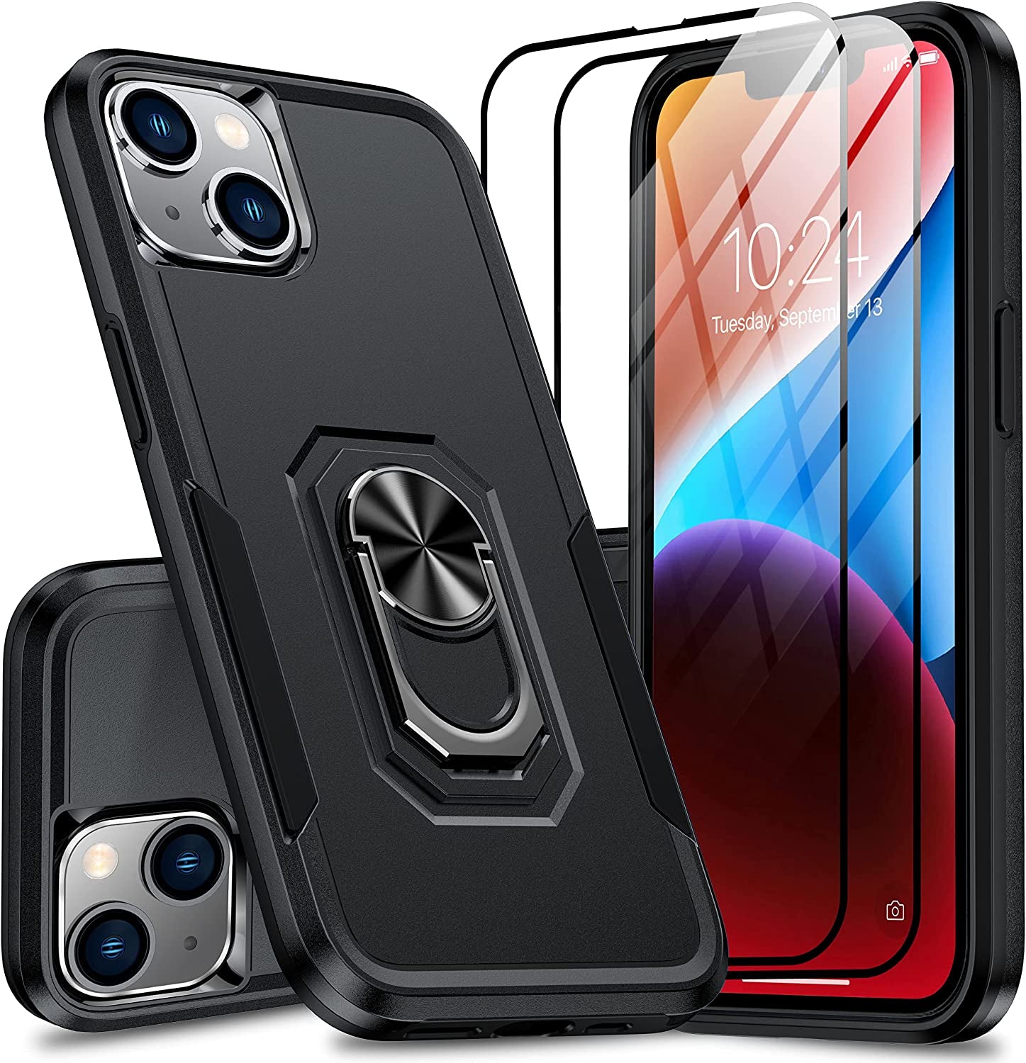 Oterkin for Iphone 14 plus Case, [4 in 1] Iphone 14 plus Phone Case with [2Pcs 9H HD Tempered Glass Screen Protectors][360°Rotatable Stand Ring][10Ft Military Grade] Case for Iphone 14 plus (Pink)  Oterkin Black Iphone 14 
