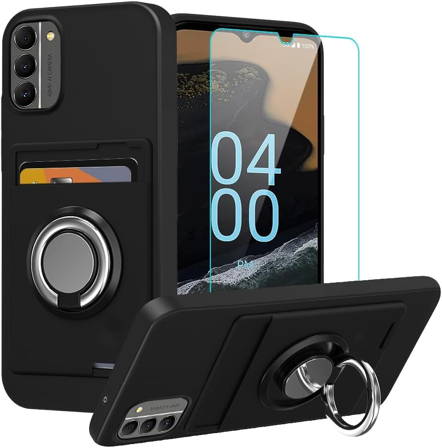 Anneey for Oneplus 11 5G Phone Case with Tempered Glass Screen Protector, Card Holder with Ring Stand Case for 1+ 11 5G Cover - Black  Anneey   