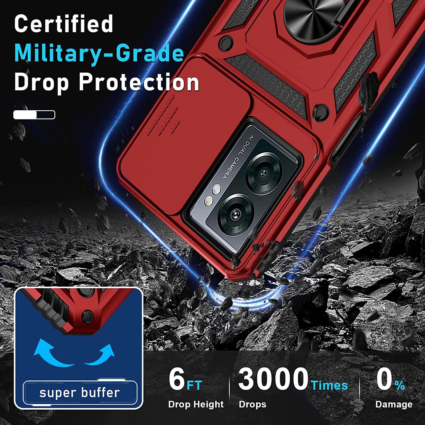 Janmitta Oneplus Nord N300 5G Case Built in Slide Camera Lens Cover and Screen Protector,Heavy Duty Shockproof Full Body Protective Phone Cover,Built in Finger Ring Stable Holder Kickstand,2022 Red  Janmitta   