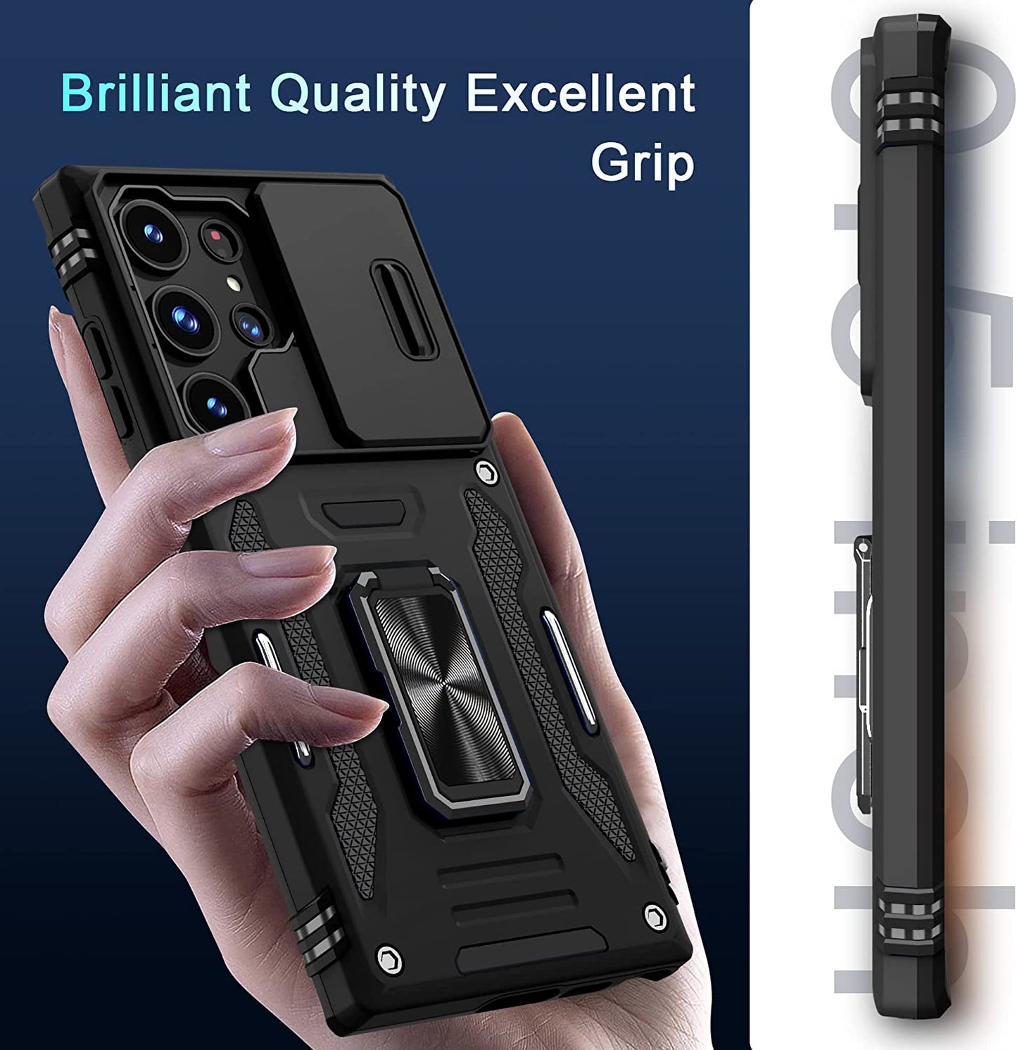 DEERLAMN for Samsung Galaxy S22 Ultra Case with Slide Camera Cover,Built-In Rotated Ring Kickstand [Full Camera Protection] [Military Grade] Heavy Duty Shockproof Protective Case Cover-Black  DEERLAMN   